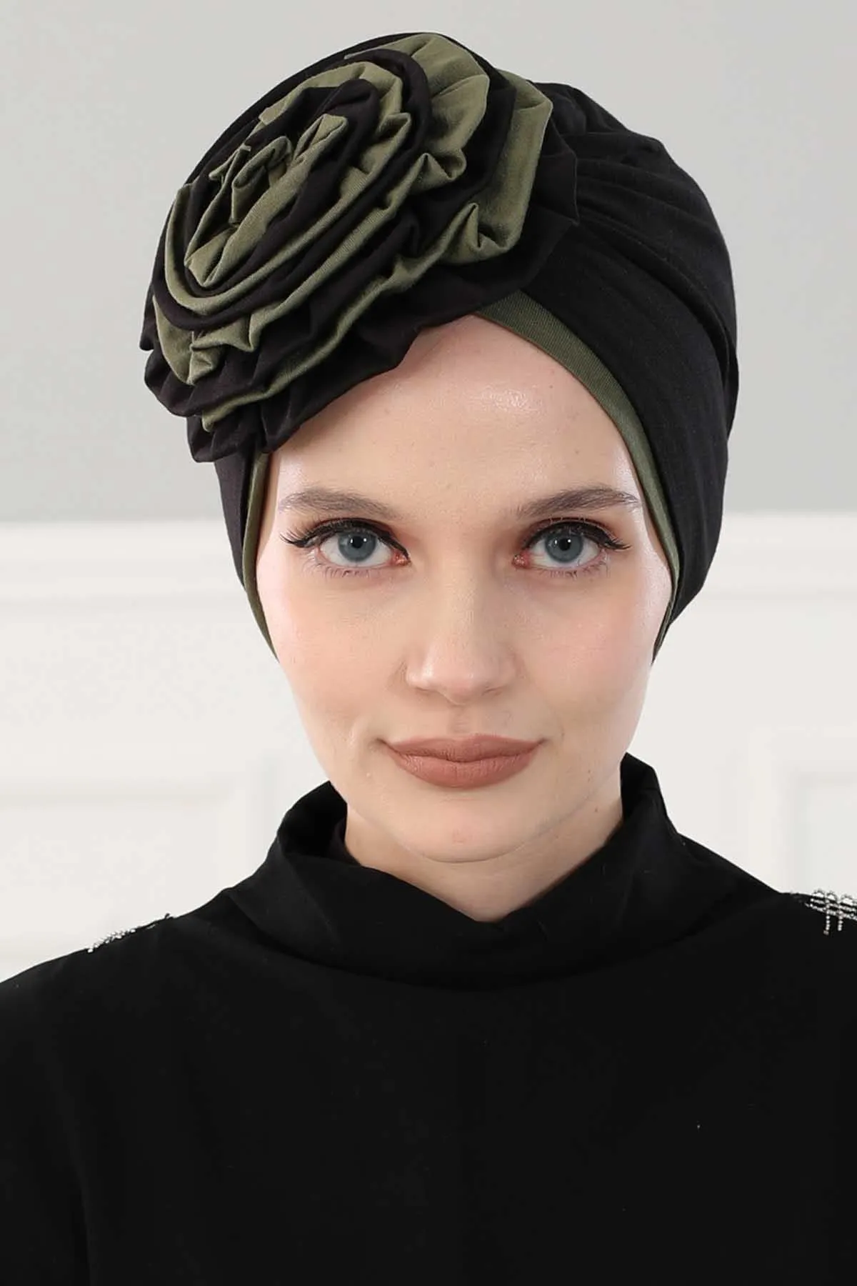 Floral Pre-Tied Instant Turban Fashionable Head Covering with Twin Colors, Soft Combed Cotton Easy Wear Hijab Headwrap with Rose Detail,B-28