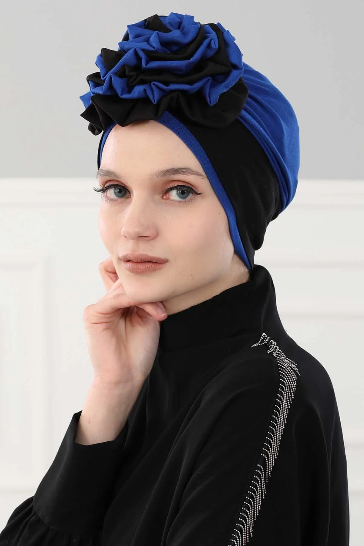 Floral Pre-Tied Instant Turban Fashionable Head Covering with Twin Colors, Soft Combed Cotton Easy Wear Hijab Headwrap with Rose Detail,B-28