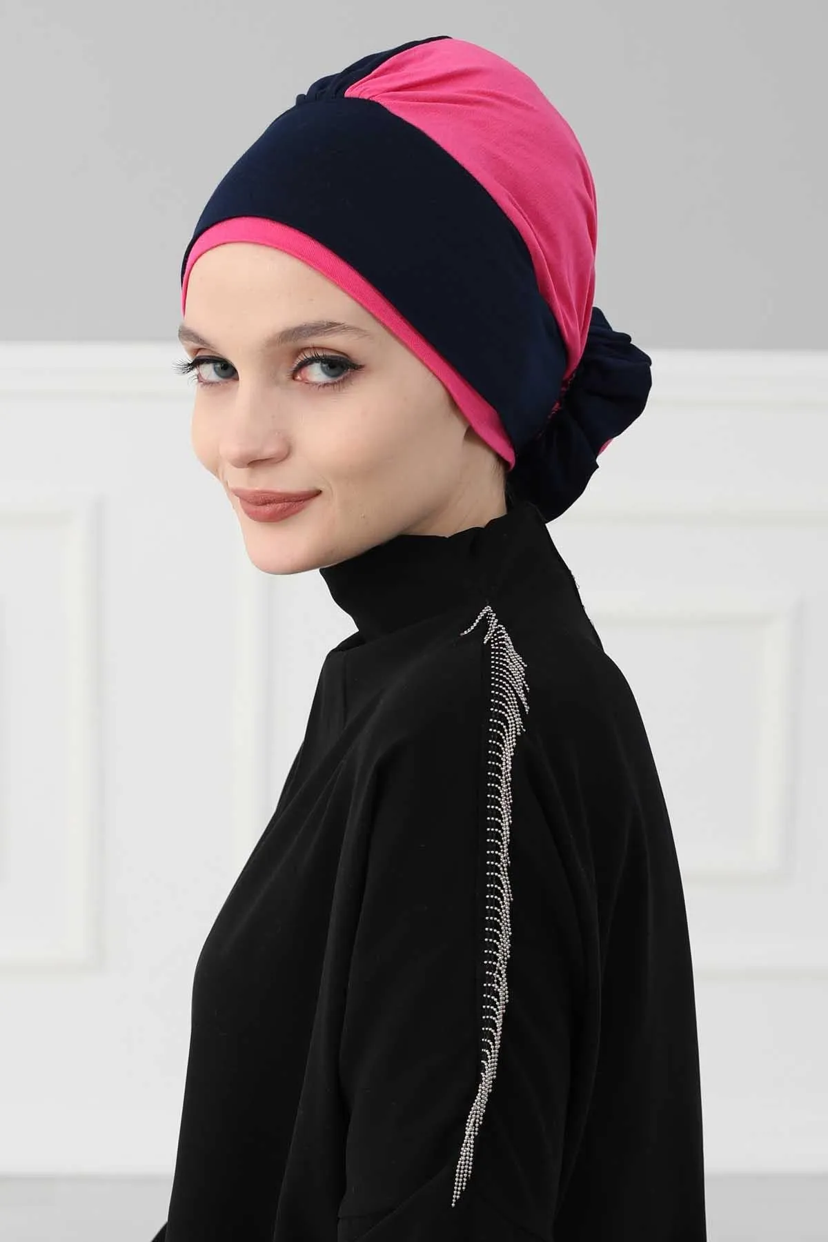 Floral Pre-Tied Instant Turban Fashionable Head Covering with Twin Colors, Soft Combed Cotton Easy Wear Hijab Headwrap with Rose Detail,B-28