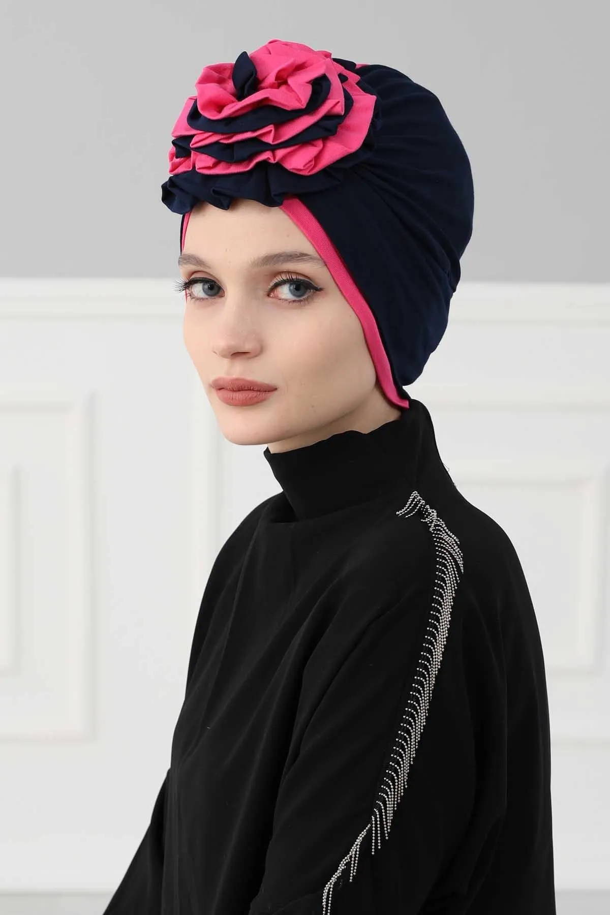 Floral Pre-Tied Instant Turban Fashionable Head Covering with Twin Colors, Soft Combed Cotton Easy Wear Hijab Headwrap with Rose Detail,B-28