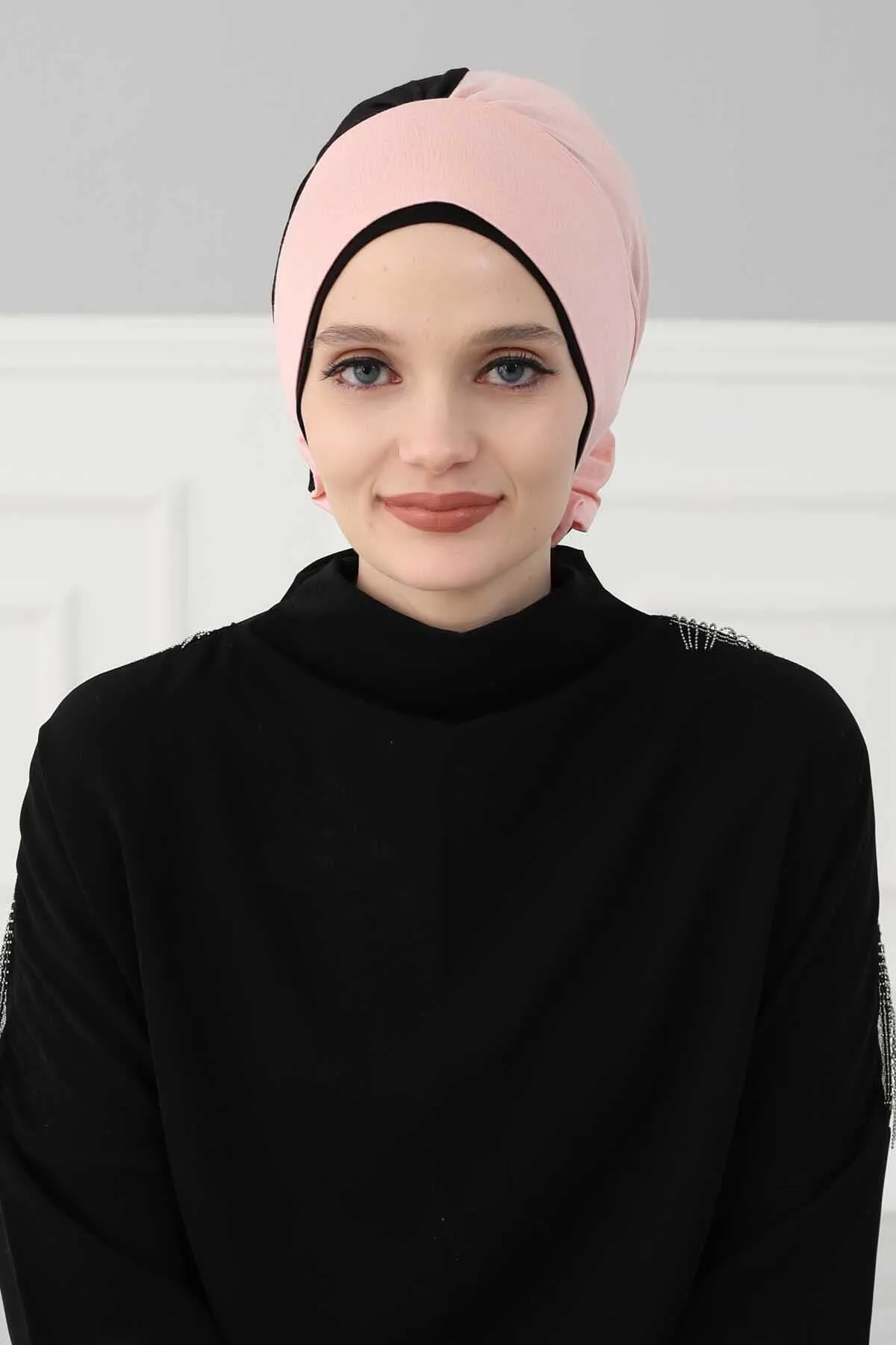 Floral Pre-Tied Instant Turban Fashionable Head Covering with Twin Colors, Soft Combed Cotton Easy Wear Hijab Headwrap with Rose Detail,B-28