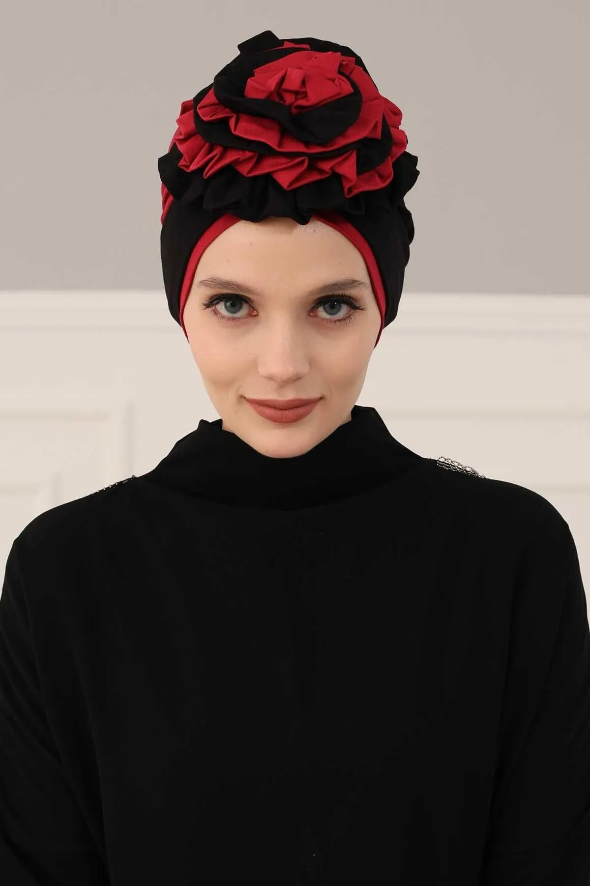 Floral Pre-Tied Instant Turban Fashionable Head Covering with Twin Colors, Soft Combed Cotton Easy Wear Hijab Headwrap with Rose Detail,B-28