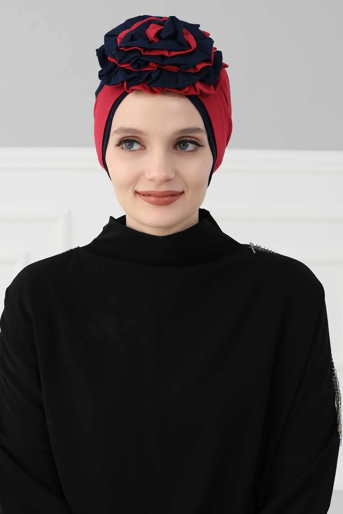 Floral Pre-Tied Instant Turban Fashionable Head Covering with Twin Colors, Soft Combed Cotton Easy Wear Hijab Headwrap with Rose Detail,B-28