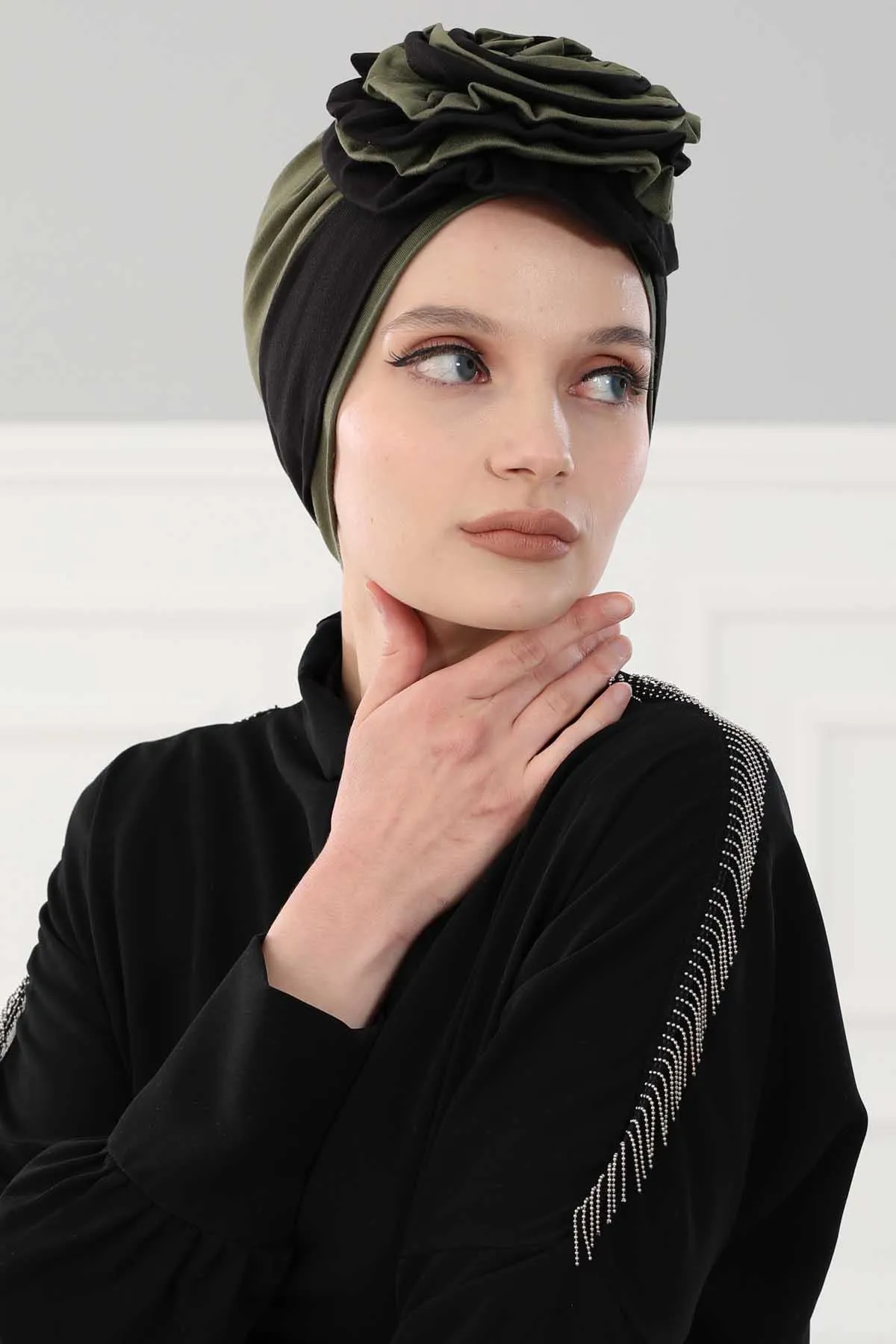 Floral Pre-Tied Instant Turban Fashionable Head Covering with Twin Colors, Soft Combed Cotton Easy Wear Hijab Headwrap with Rose Detail,B-28