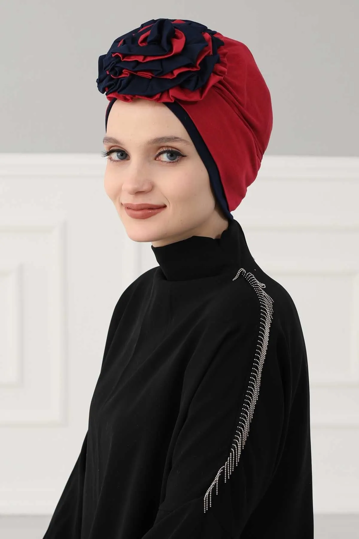 Floral Pre-Tied Instant Turban Fashionable Head Covering with Twin Colors, Soft Combed Cotton Easy Wear Hijab Headwrap with Rose Detail,B-28