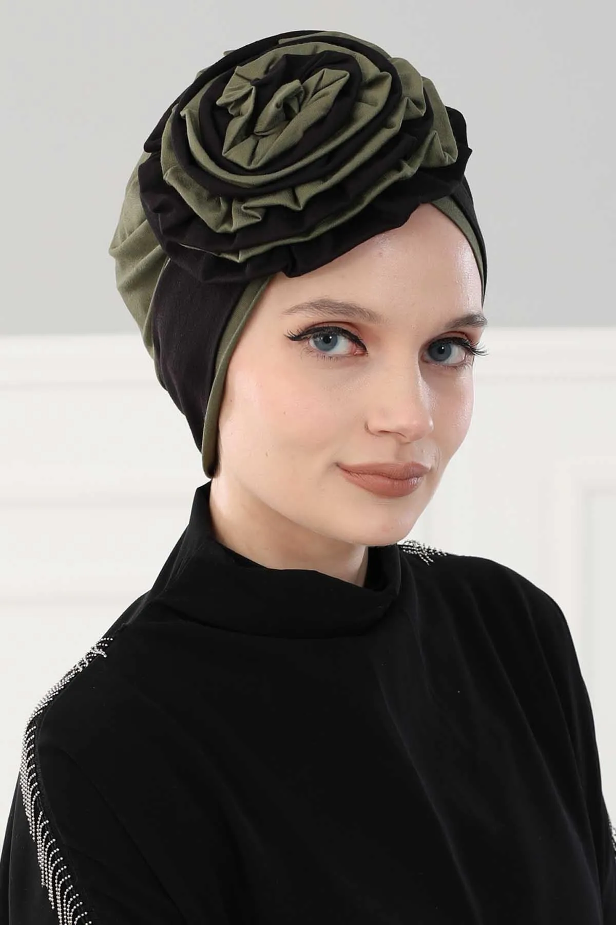 Floral Pre-Tied Instant Turban Fashionable Head Covering with Twin Colors, Soft Combed Cotton Easy Wear Hijab Headwrap with Rose Detail,B-28