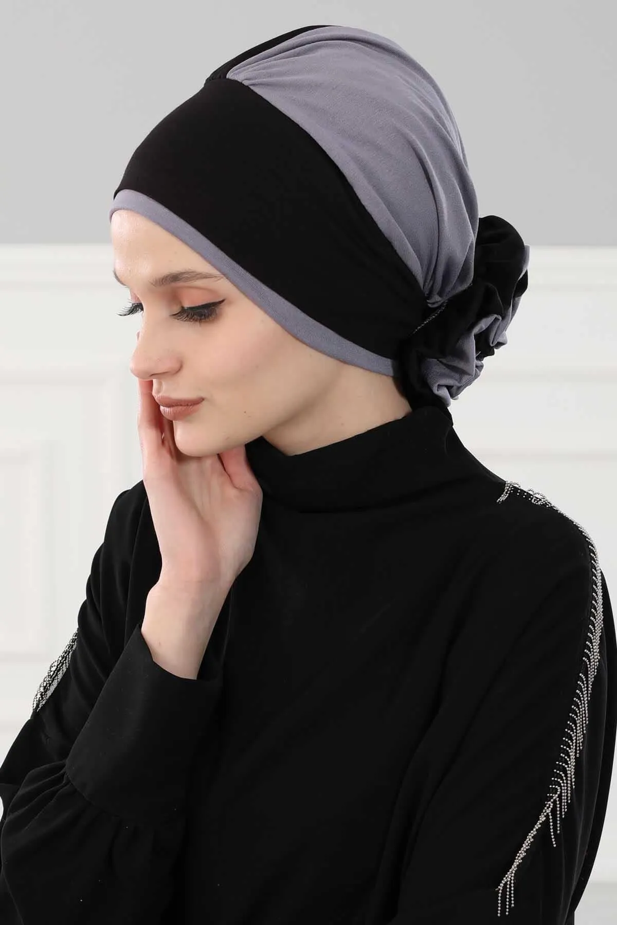 Floral Pre-Tied Instant Turban Fashionable Head Covering with Twin Colors, Soft Combed Cotton Easy Wear Hijab Headwrap with Rose Detail,B-28