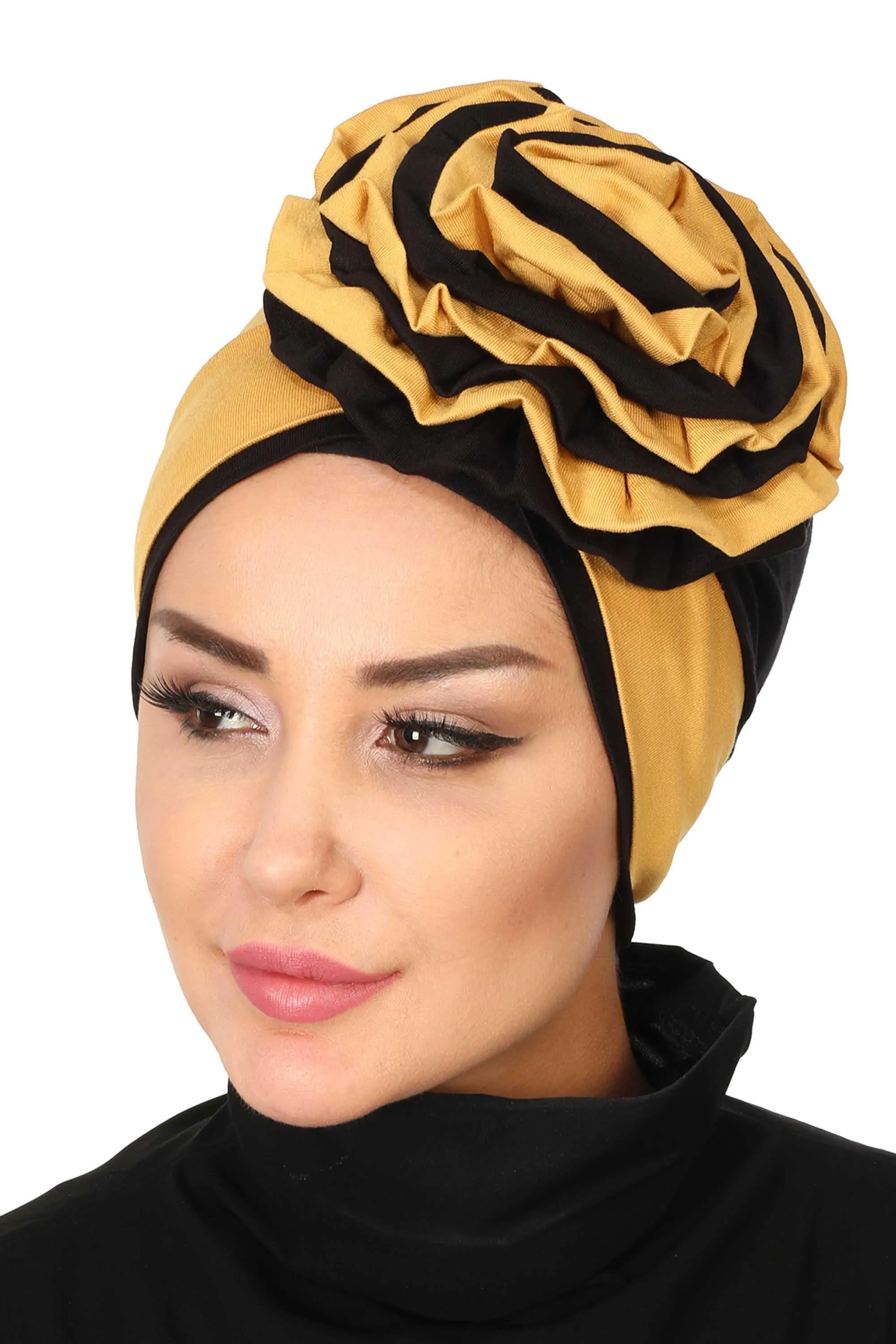 Floral Pre-Tied Instant Turban Fashionable Head Covering with Twin Colors, Soft Combed Cotton Easy Wear Hijab Headwrap with Rose Detail,B-28