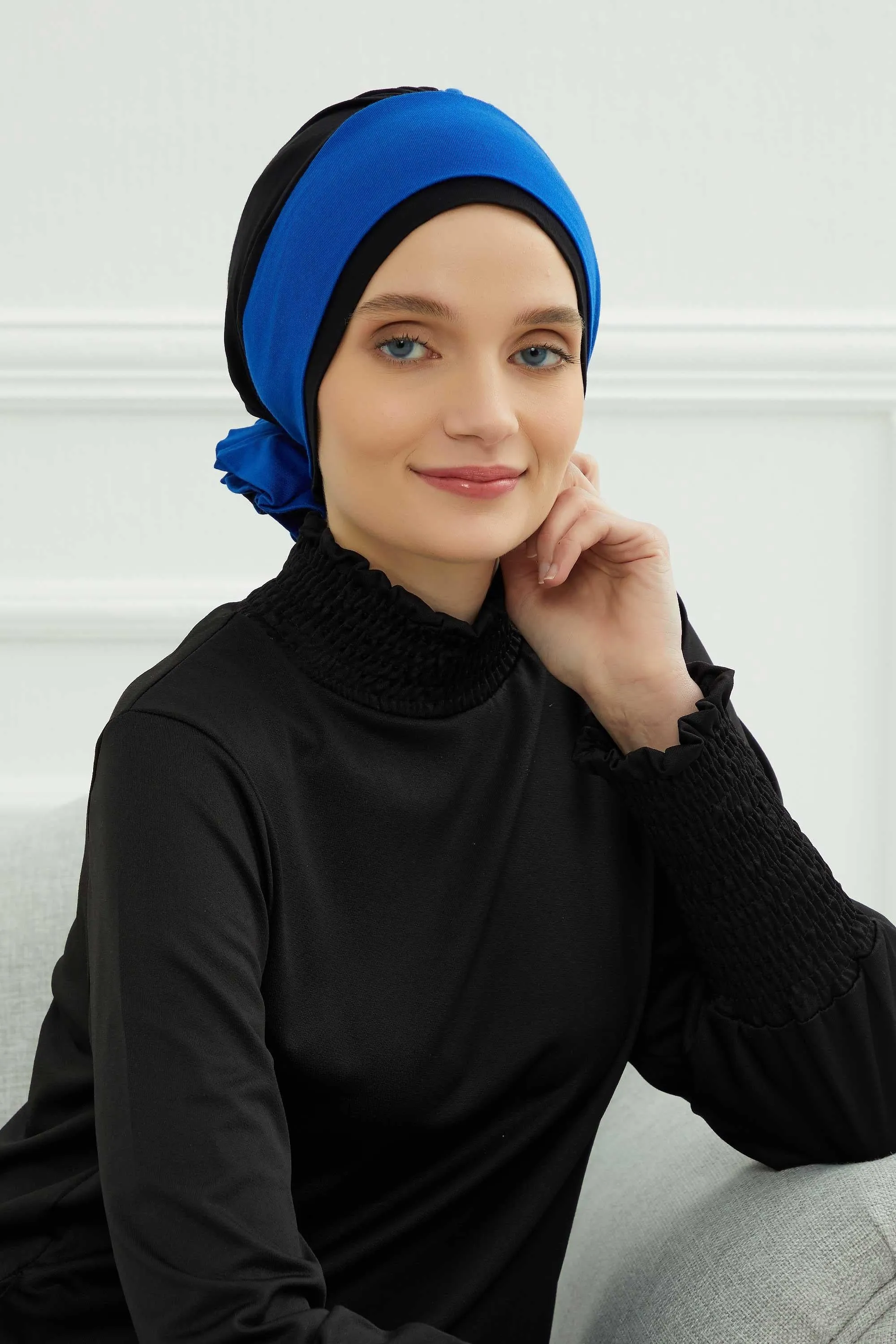 Floral Pre-Tied Instant Turban Fashionable Head Covering with Twin Colors, Soft Combed Cotton Easy Wear Hijab Headwrap with Rose Detail,B-28