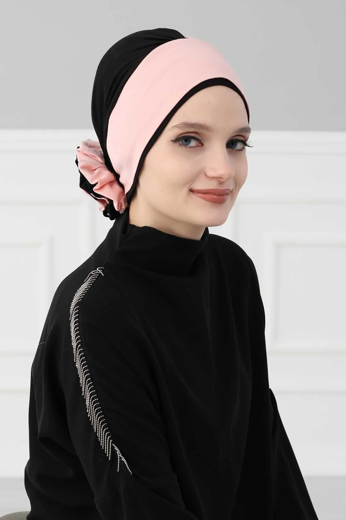 Floral Pre-Tied Instant Turban Fashionable Head Covering with Twin Colors, Soft Combed Cotton Easy Wear Hijab Headwrap with Rose Detail,B-28