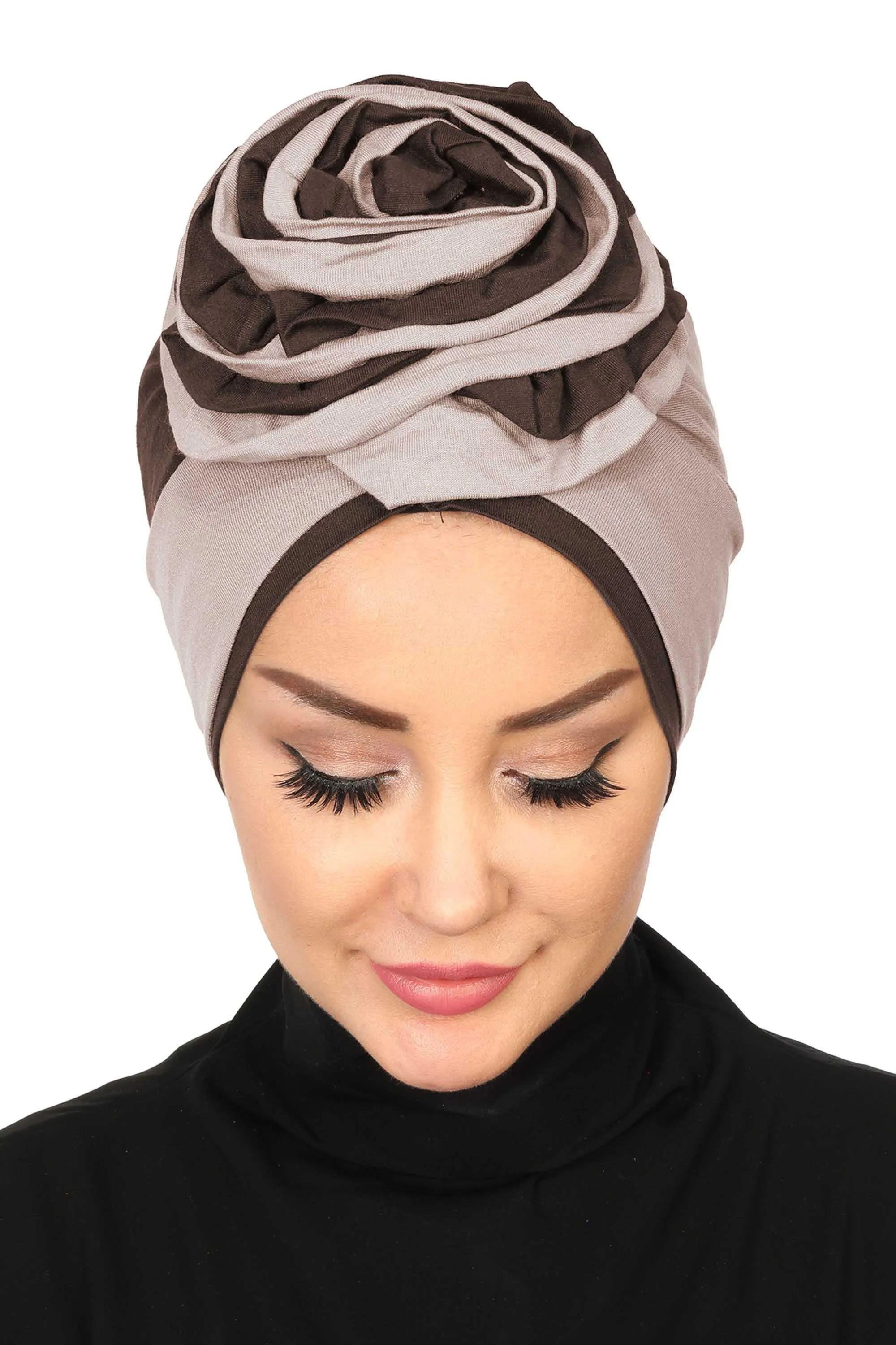 Floral Pre-Tied Instant Turban Fashionable Head Covering with Twin Colors, Soft Combed Cotton Easy Wear Hijab Headwrap with Rose Detail,B-28