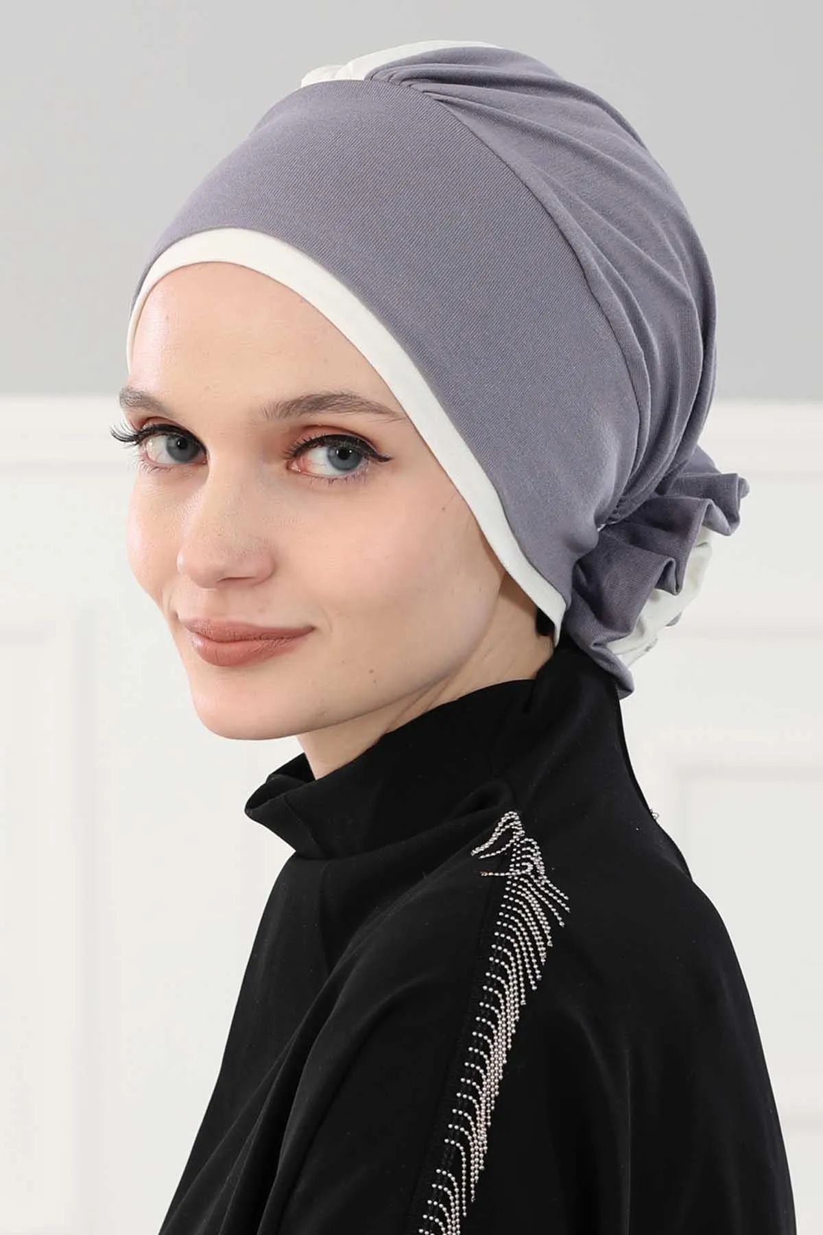 Floral Pre-Tied Instant Turban Fashionable Head Covering with Twin Colors, Soft Combed Cotton Easy Wear Hijab Headwrap with Rose Detail,B-28