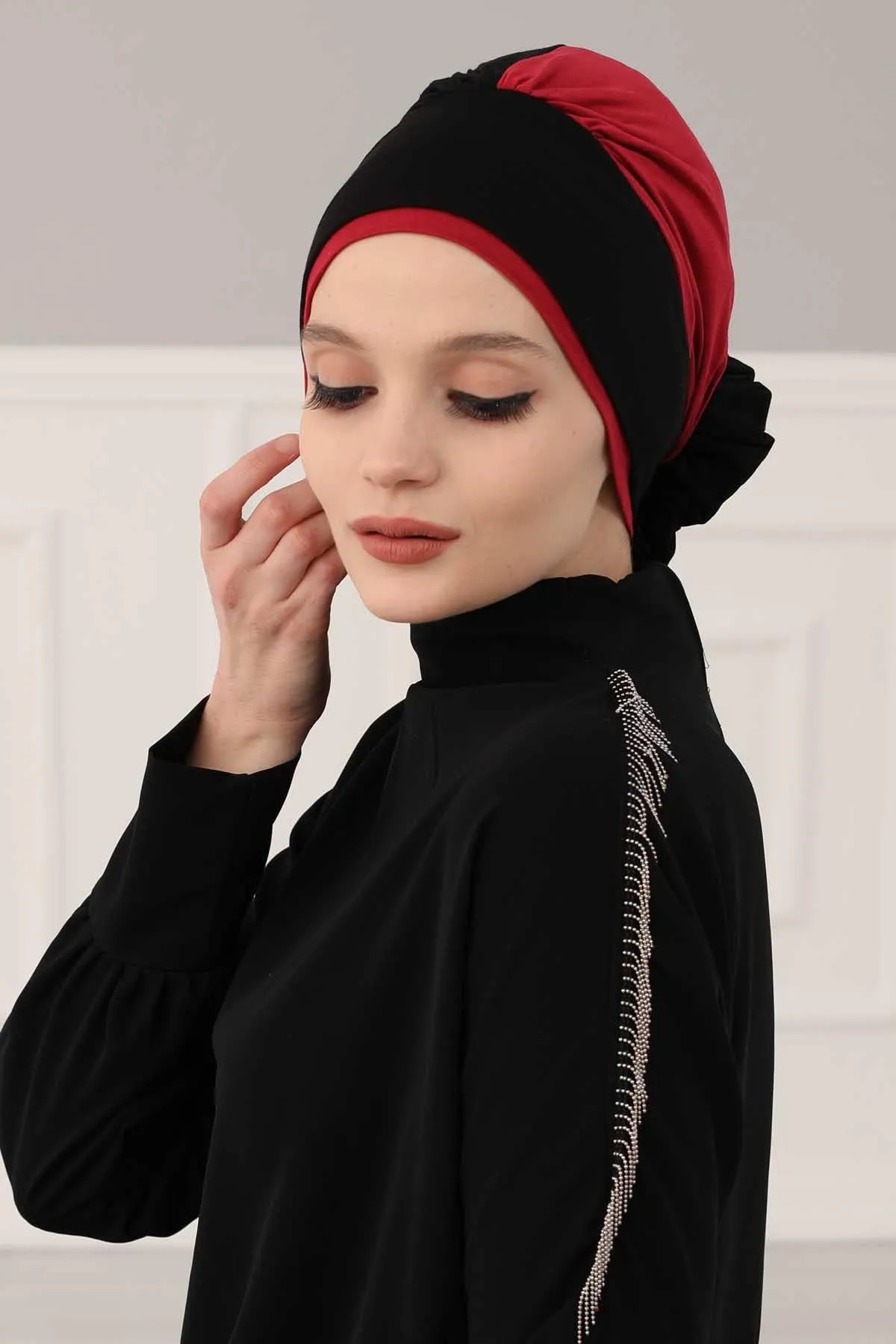 Floral Pre-Tied Instant Turban Fashionable Head Covering with Twin Colors, Soft Combed Cotton Easy Wear Hijab Headwrap with Rose Detail,B-28