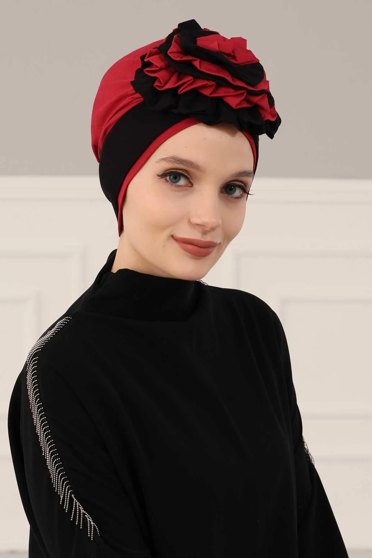 Floral Pre-Tied Instant Turban Fashionable Head Covering with Twin Colors, Soft Combed Cotton Easy Wear Hijab Headwrap with Rose Detail,B-28