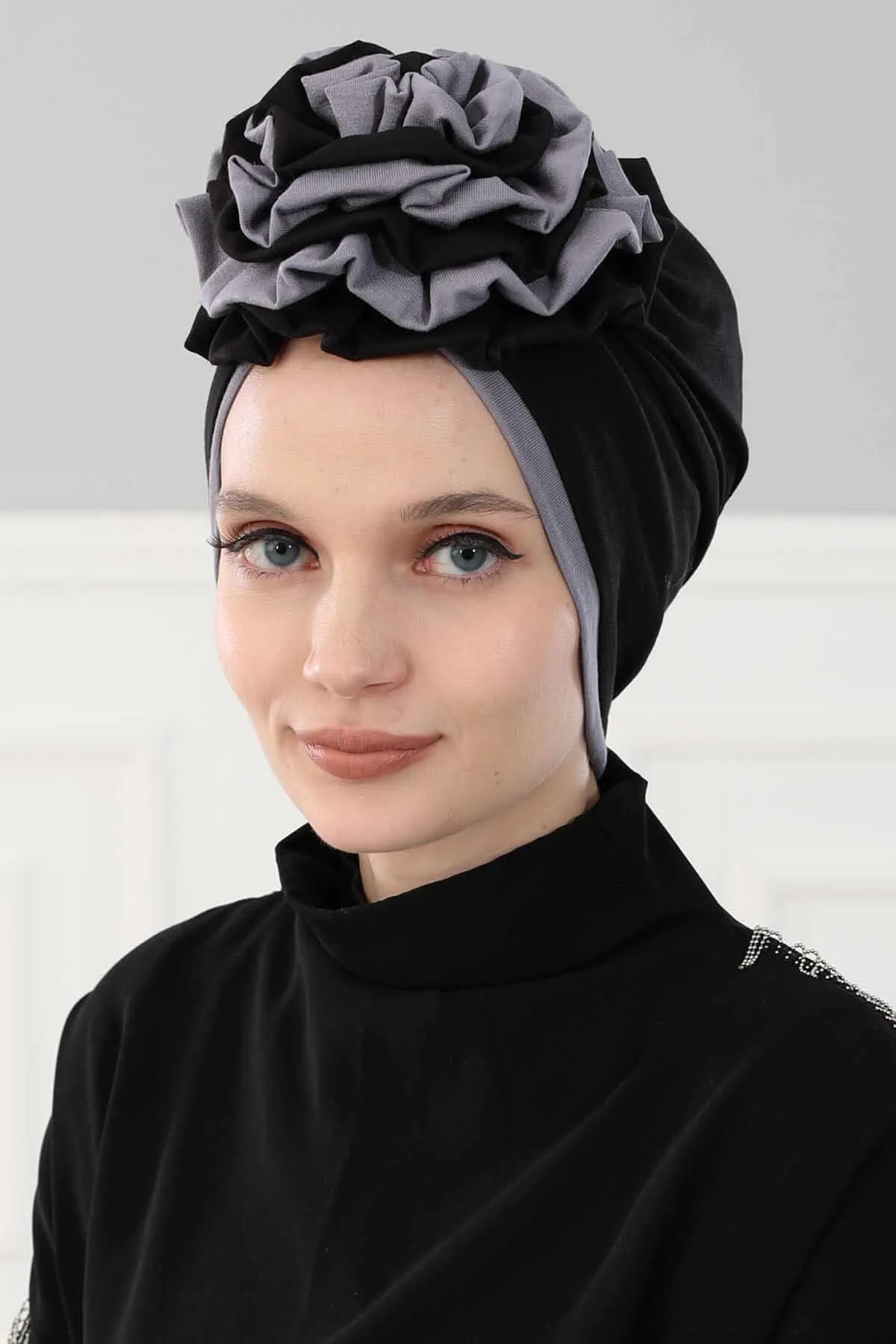 Floral Pre-Tied Instant Turban Fashionable Head Covering with Twin Colors, Soft Combed Cotton Easy Wear Hijab Headwrap with Rose Detail,B-28