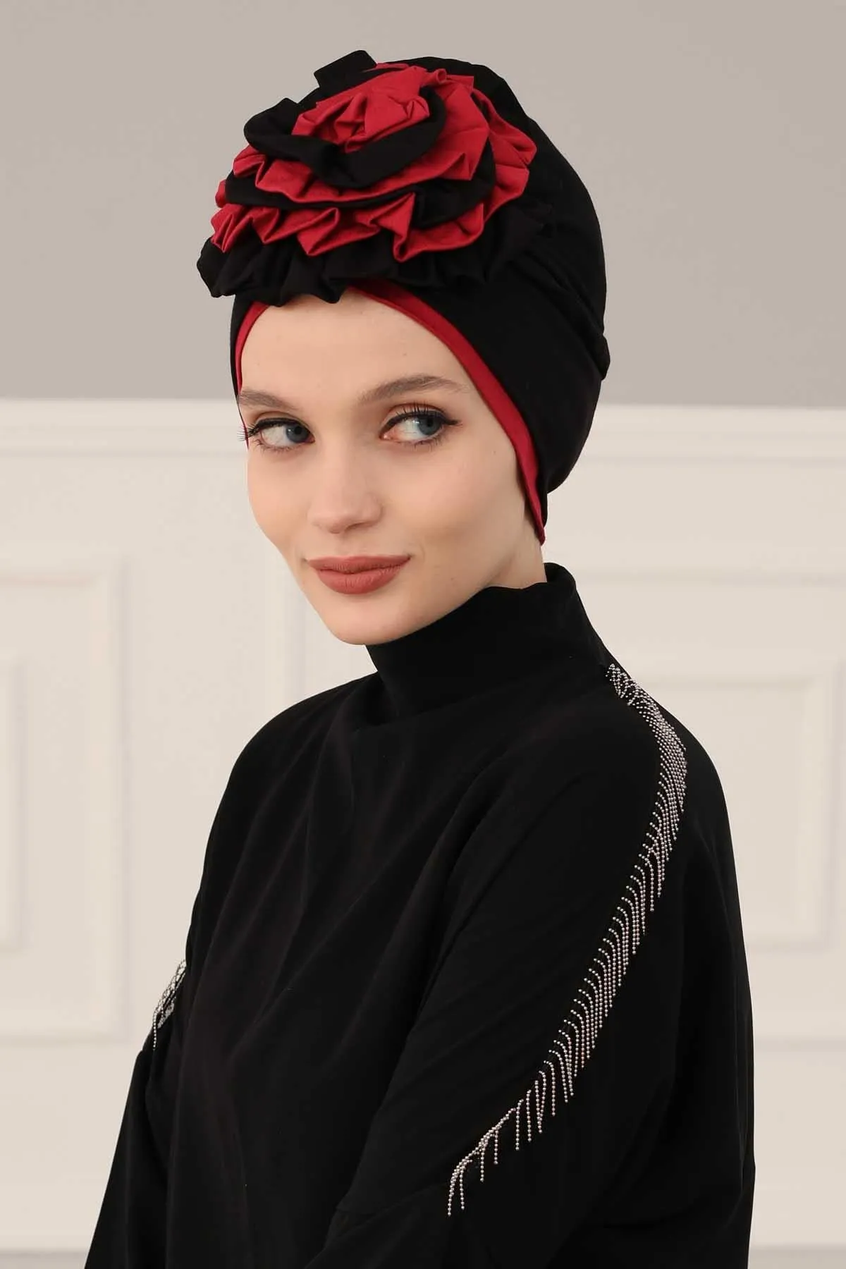 Floral Pre-Tied Instant Turban Fashionable Head Covering with Twin Colors, Soft Combed Cotton Easy Wear Hijab Headwrap with Rose Detail,B-28