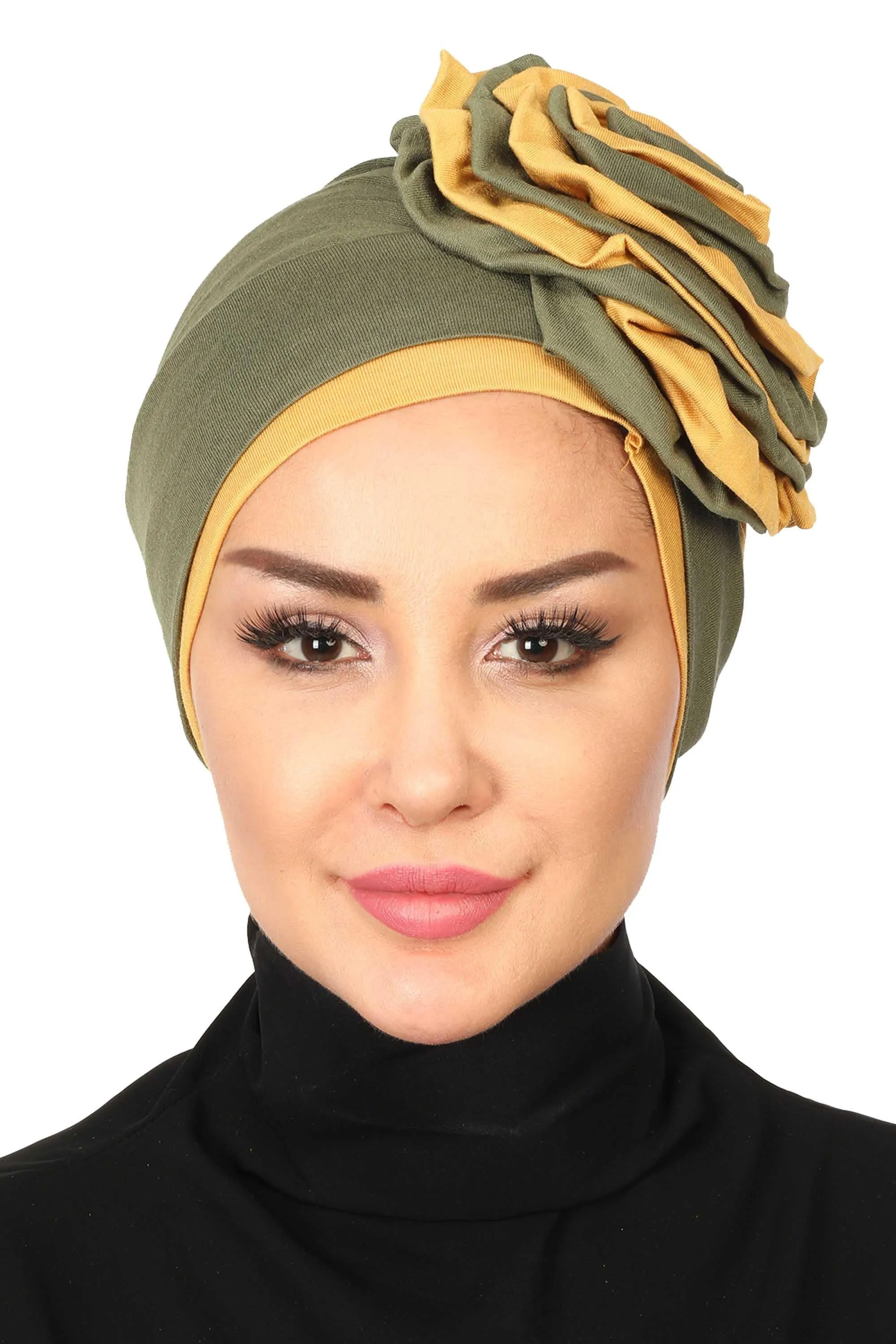 Floral Pre-Tied Instant Turban Fashionable Head Covering with Twin Colors, Soft Combed Cotton Easy Wear Hijab Headwrap with Rose Detail,B-28