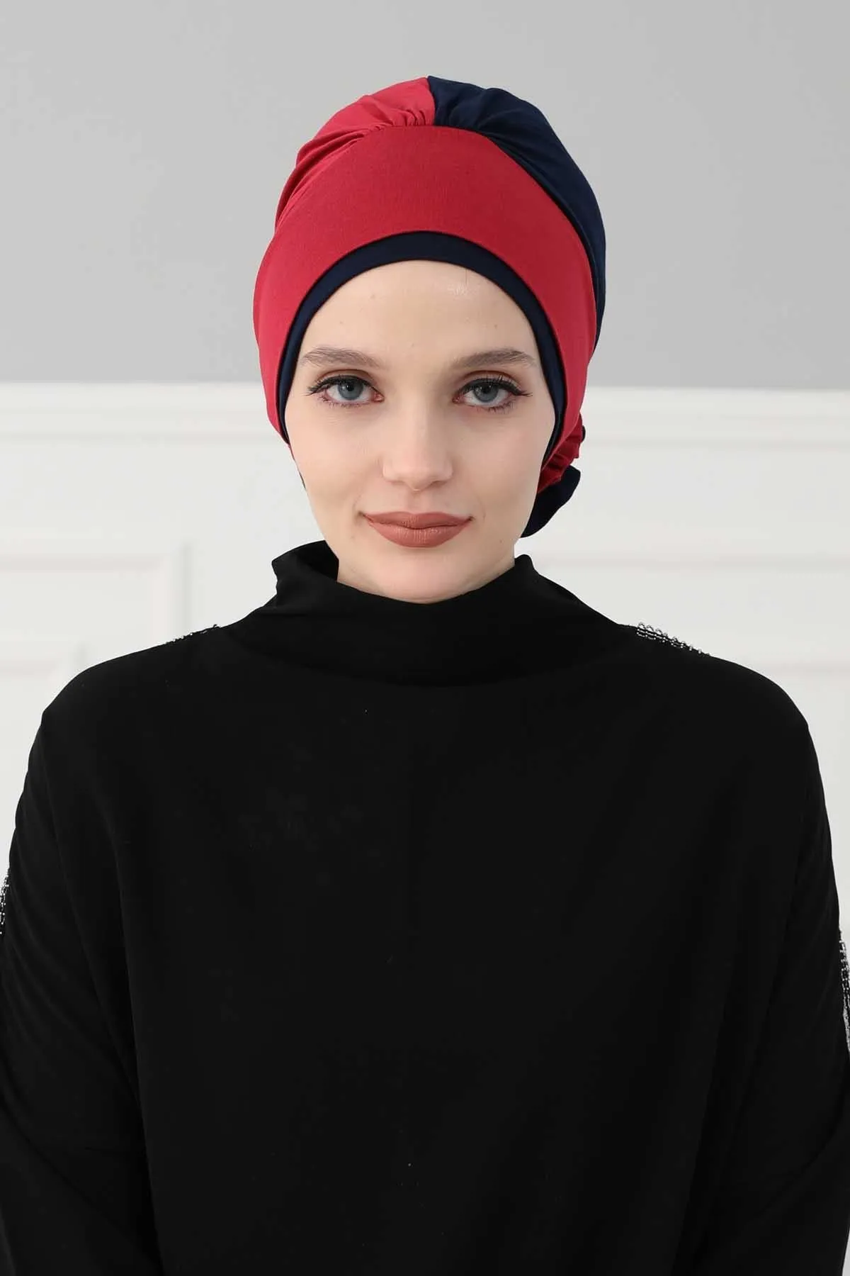 Floral Pre-Tied Instant Turban Fashionable Head Covering with Twin Colors, Soft Combed Cotton Easy Wear Hijab Headwrap with Rose Detail,B-28