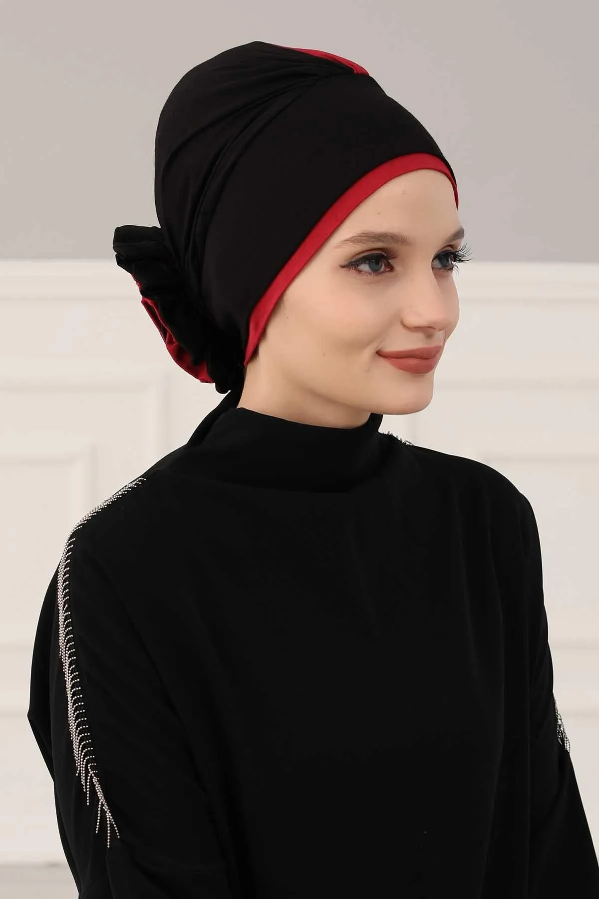 Floral Pre-Tied Instant Turban Fashionable Head Covering with Twin Colors, Soft Combed Cotton Easy Wear Hijab Headwrap with Rose Detail,B-28