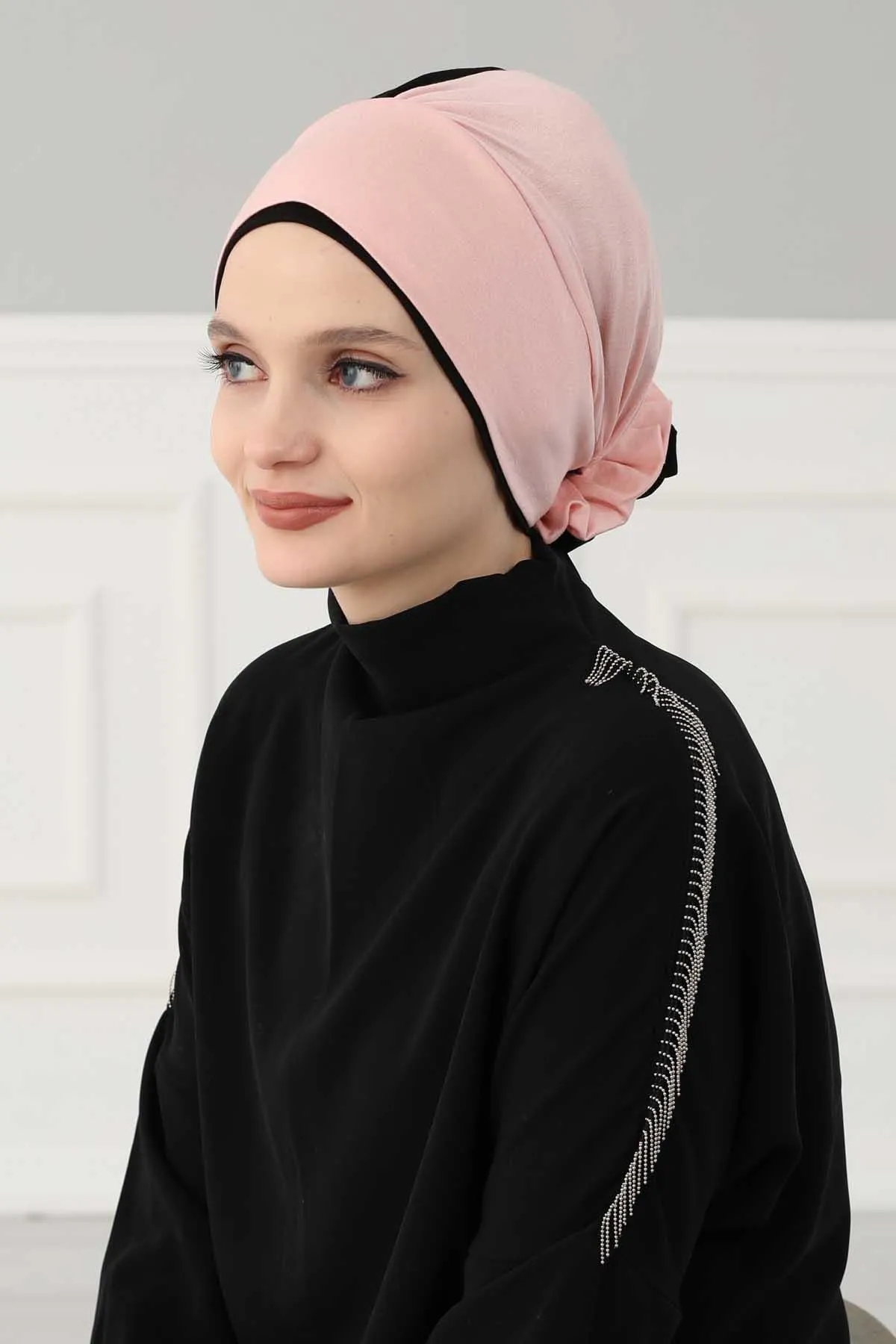 Floral Pre-Tied Instant Turban Fashionable Head Covering with Twin Colors, Soft Combed Cotton Easy Wear Hijab Headwrap with Rose Detail,B-28