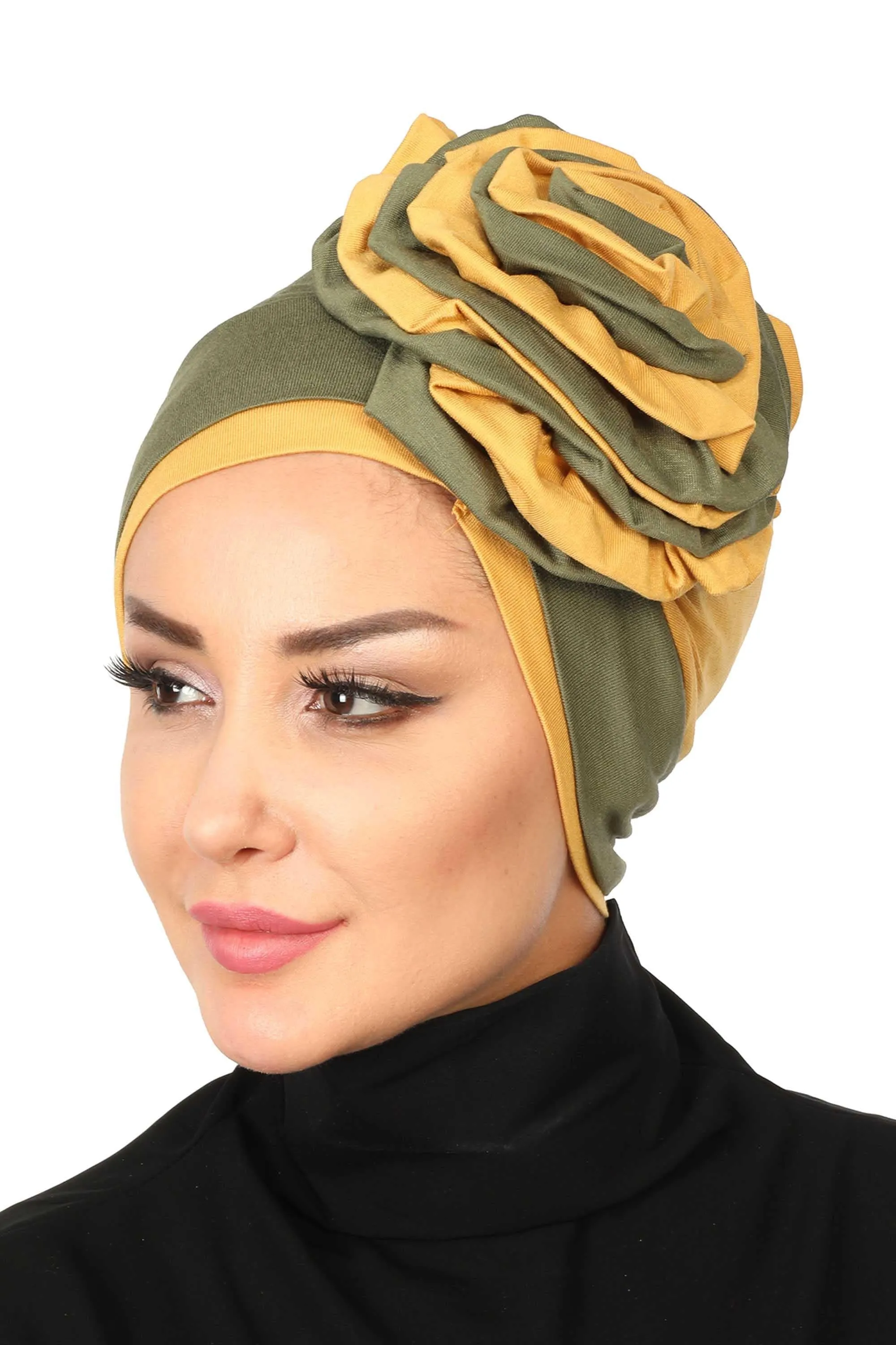 Floral Pre-Tied Instant Turban Fashionable Head Covering with Twin Colors, Soft Combed Cotton Easy Wear Hijab Headwrap with Rose Detail,B-28