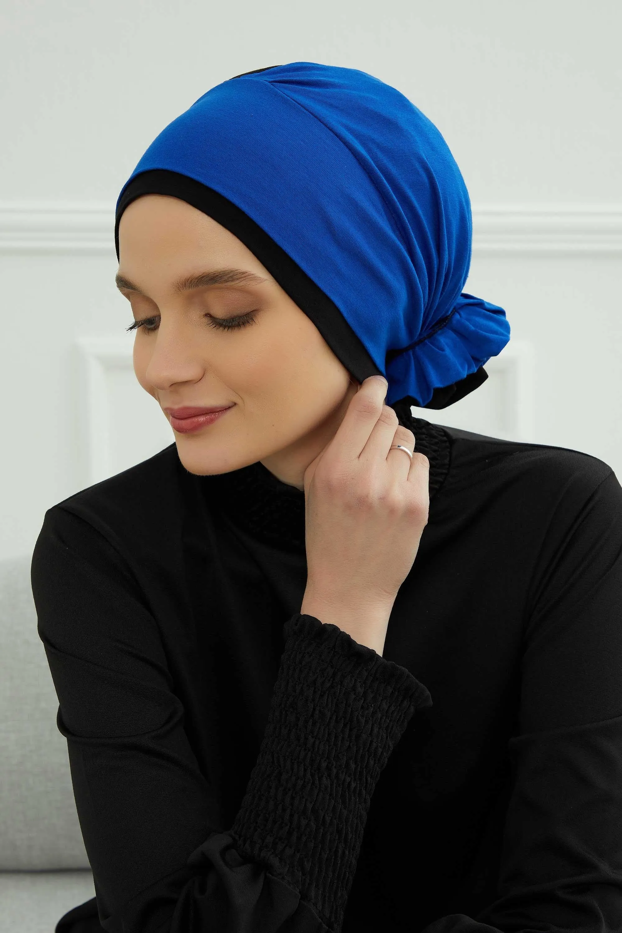 Floral Pre-Tied Instant Turban Fashionable Head Covering with Twin Colors, Soft Combed Cotton Easy Wear Hijab Headwrap with Rose Detail,B-28