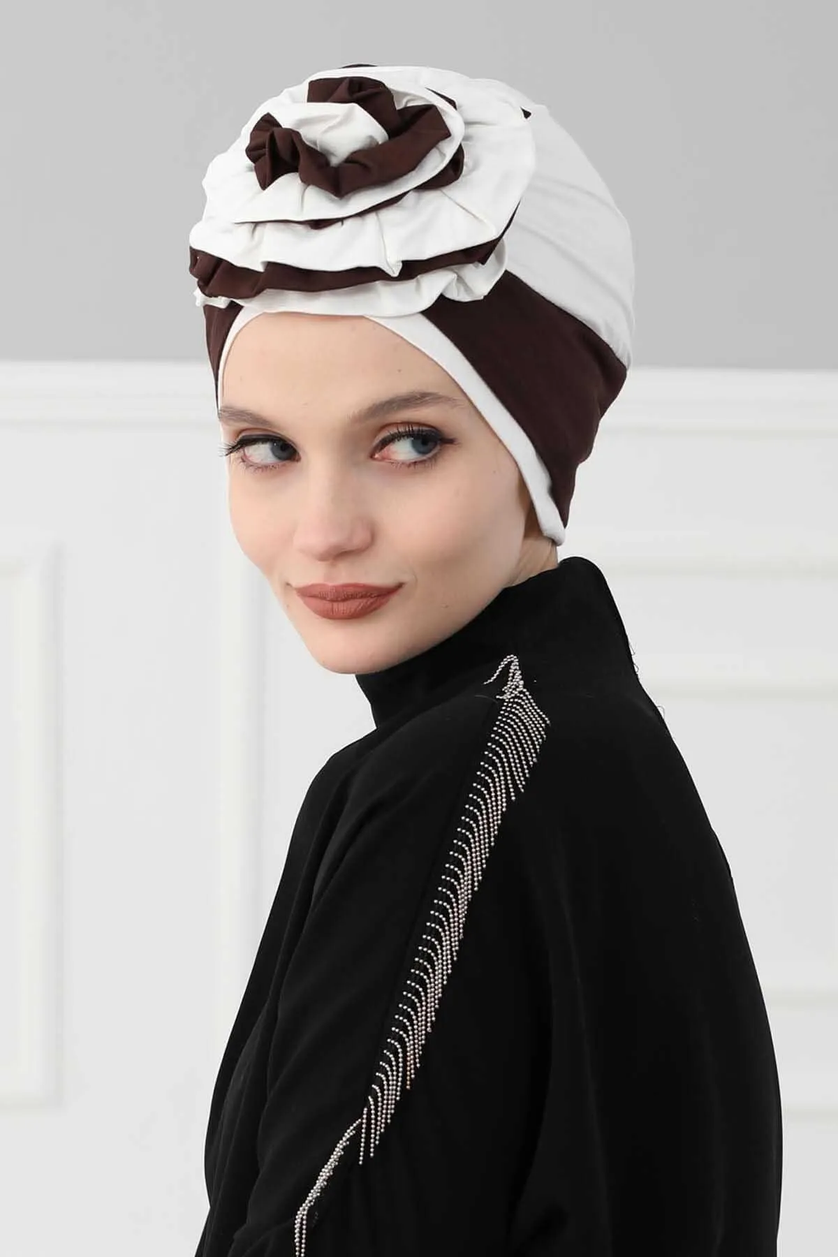 Floral Pre-Tied Instant Turban Fashionable Head Covering with Twin Colors, Soft Combed Cotton Easy Wear Hijab Headwrap with Rose Detail,B-28