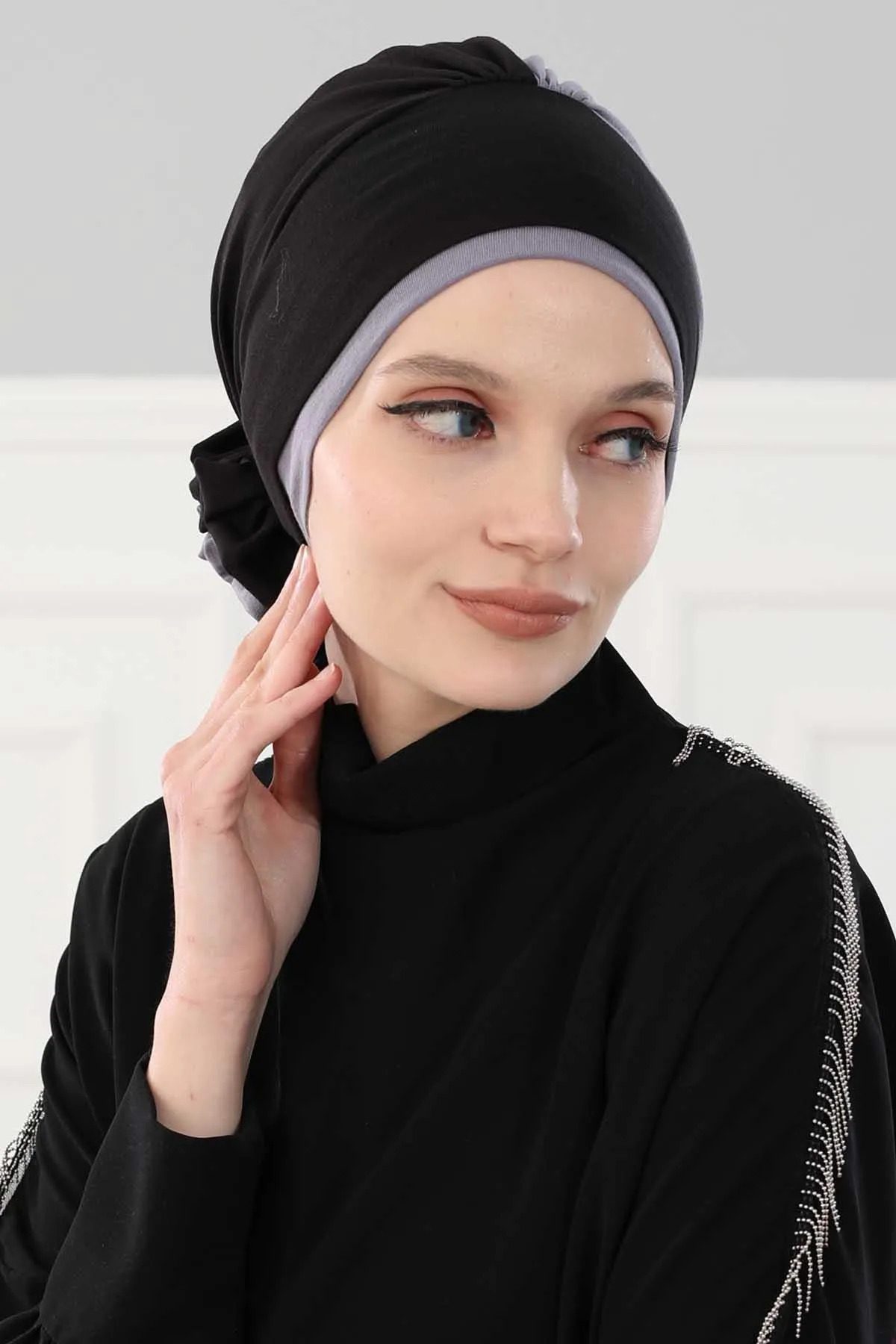 Floral Pre-Tied Instant Turban Fashionable Head Covering with Twin Colors, Soft Combed Cotton Easy Wear Hijab Headwrap with Rose Detail,B-28