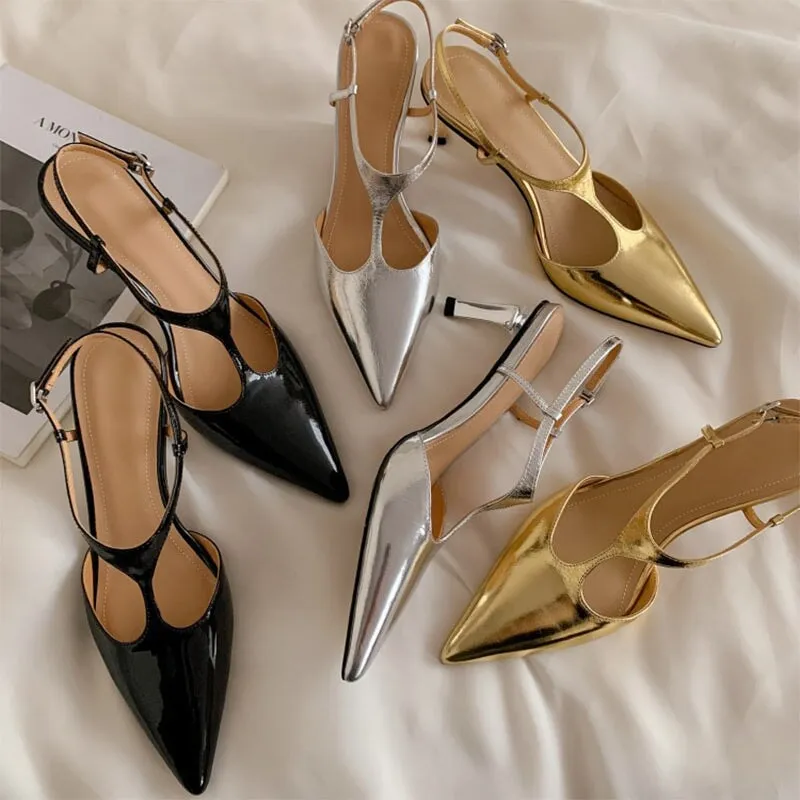 Genuine Leather Slingback High Heels in Black/Golden/Silver - Kitten Heels Sandals