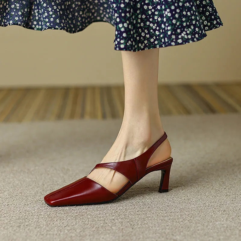 Genuine Leather Slingback Stiletto Pumps Square Toe in Black/Beige/Red