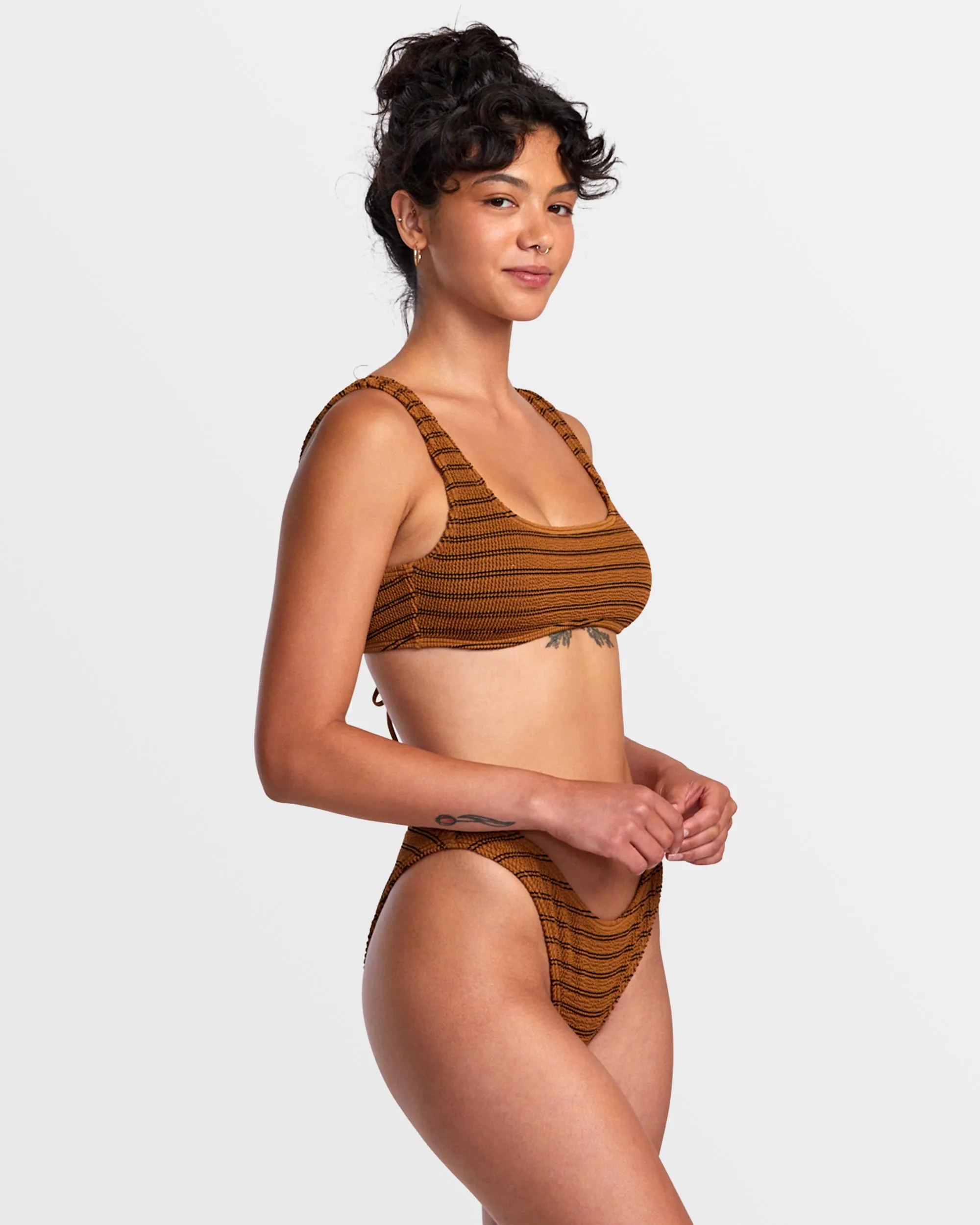 Grooves Stripe Laceback Bralette Bikini Top - Workwear Brown