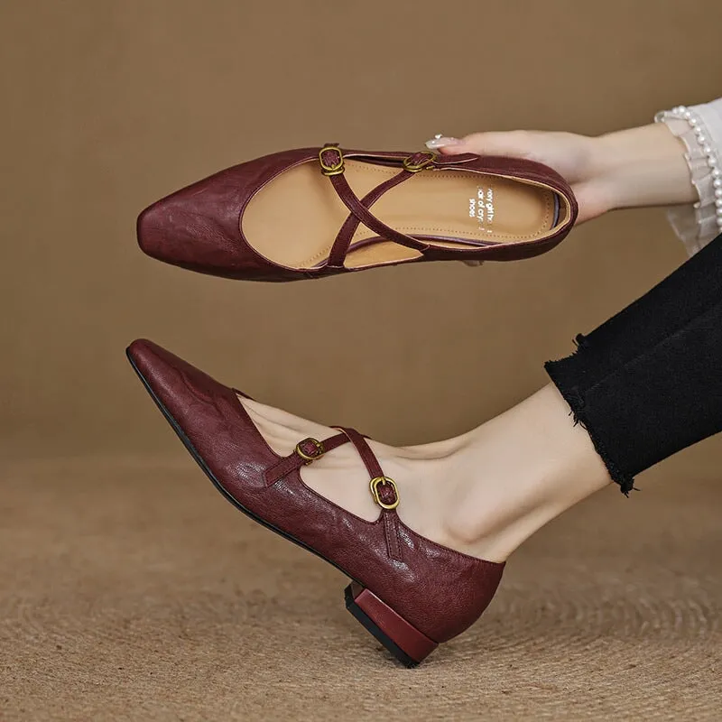 Handmade Sheepskin Mary Jane Flats With Cross-strap Detail in Wine Red/Black/Beige