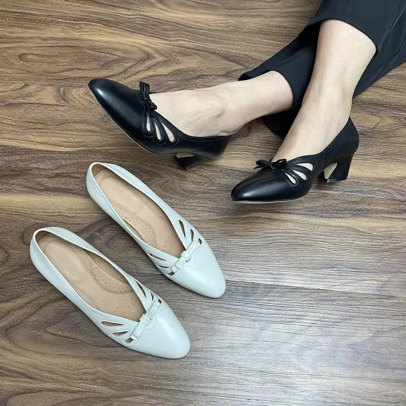 Handmade Sheepskin Point Toe Pumps 35mm Block Heel Cut Out In Beige/Black Fashion Style