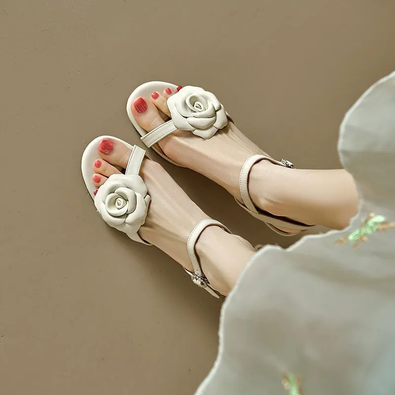 Handmade Strappy Leather heels Retro Open Toe Sandals With Flower Details