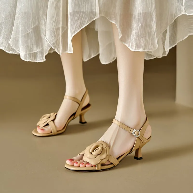 Handmade Strappy Leather heels Retro Open Toe Sandals With Flower Details