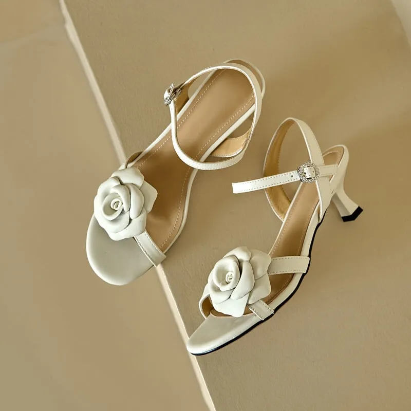 Handmade Strappy Leather heels Retro Open Toe Sandals With Flower Details