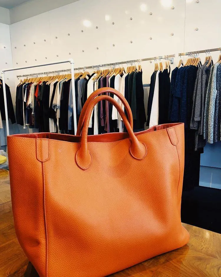 Large Leather Tote Bag, Cowhide Leather Bag, Must-have Lady Fashion Bag, Grain Leather Weekend Bag Orange, Personalized Gifts