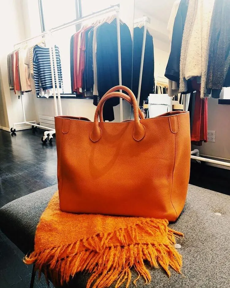 Large Leather Tote Bag, Cowhide Leather Bag, Must-have Lady Fashion Bag, Grain Leather Weekend Bag Orange, Personalized Gifts