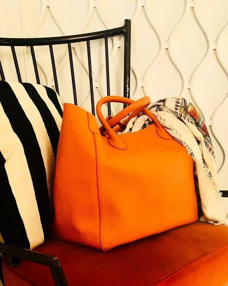 Large Leather Tote Bag, Cowhide Leather Bag, Must-have Lady Fashion Bag, Grain Leather Weekend Bag Orange, Personalized Gifts