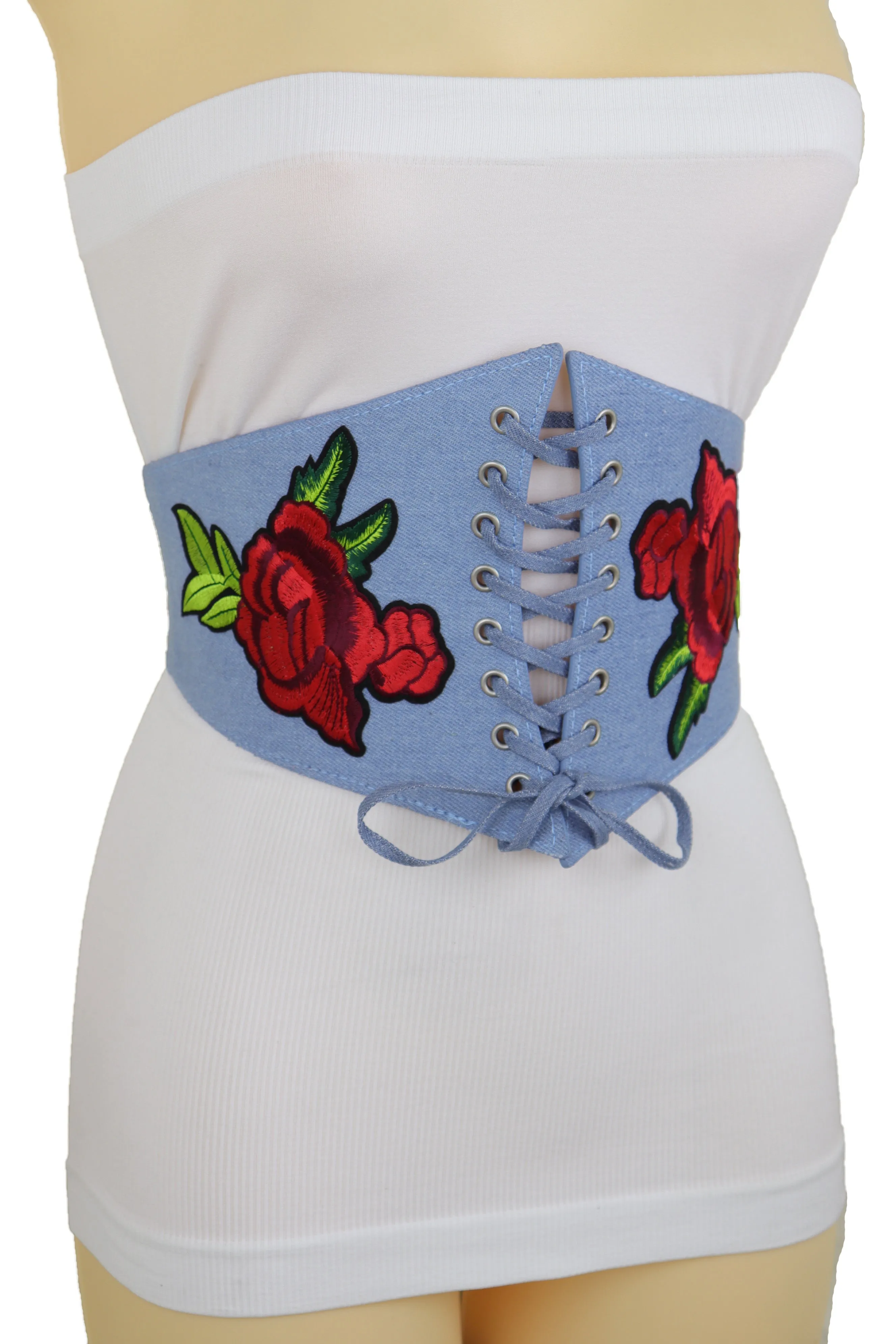 Light Blue Denim High Waist Corset Stretch Belt Red Rose Flowers Size S M