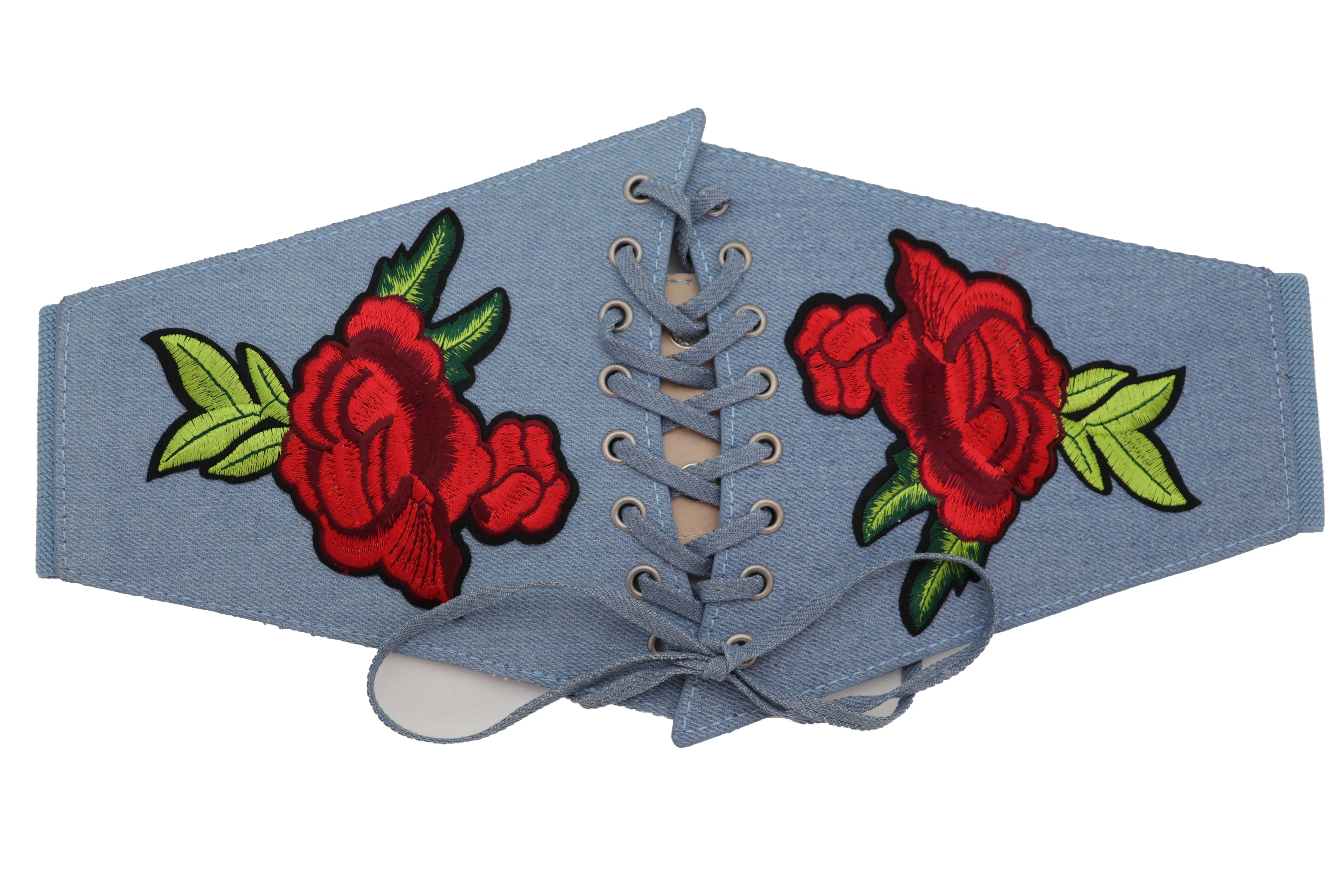 Light Blue Denim High Waist Corset Stretch Belt Red Rose Flowers Size S M