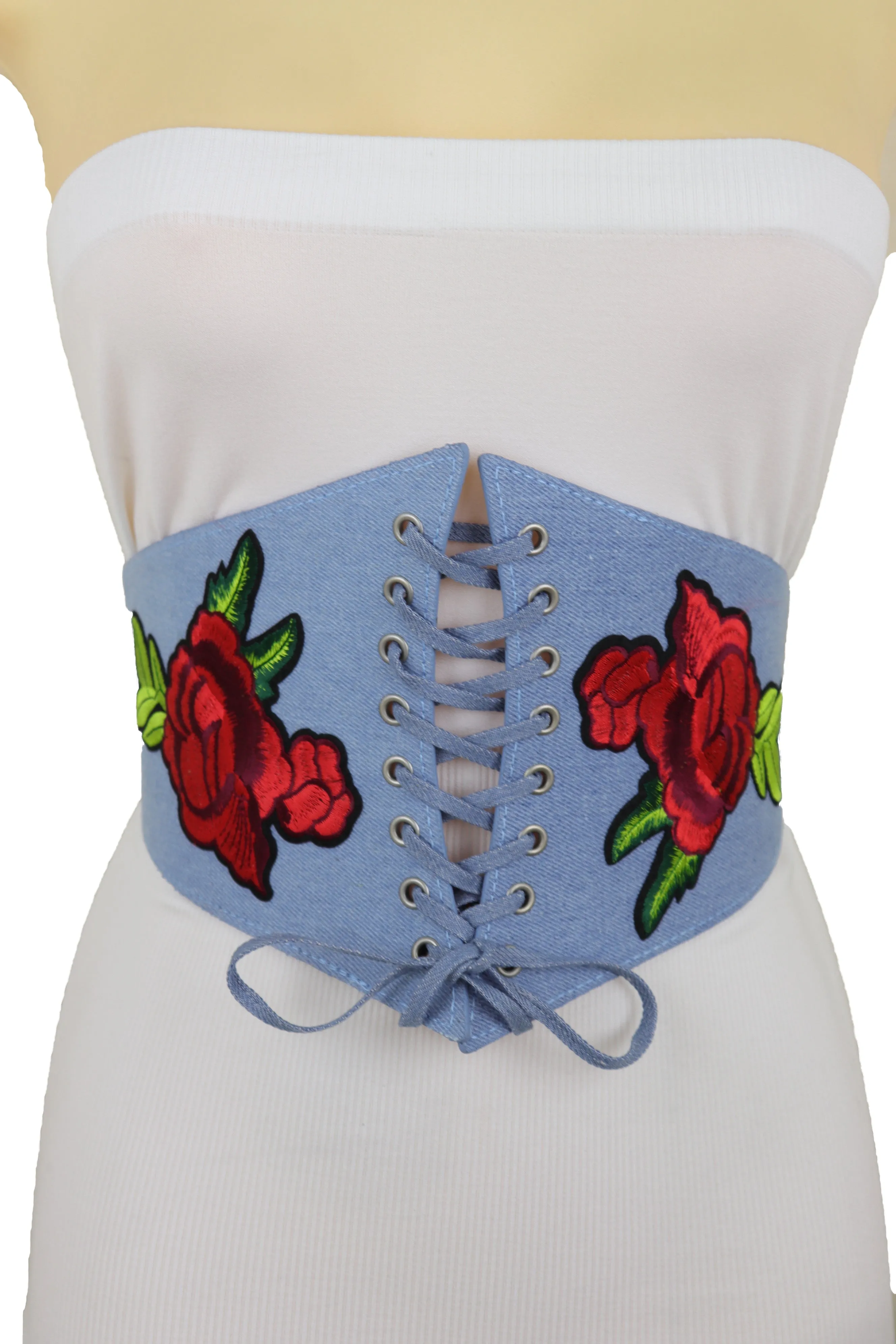 Light Blue Denim High Waist Corset Stretch Belt Red Rose Flowers Size S M