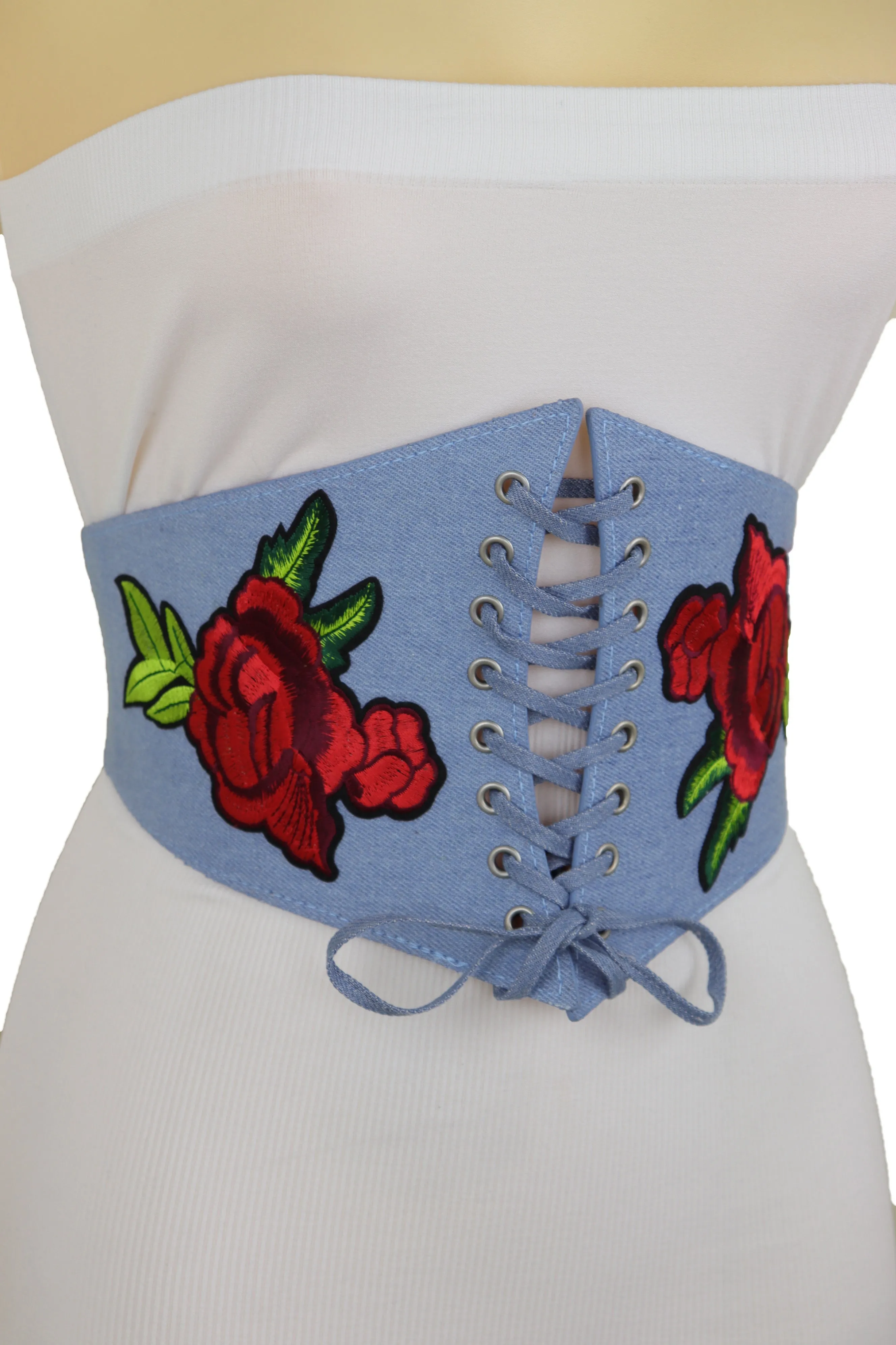 Light Blue Denim High Waist Corset Stretch Belt Red Rose Flowers Size S M