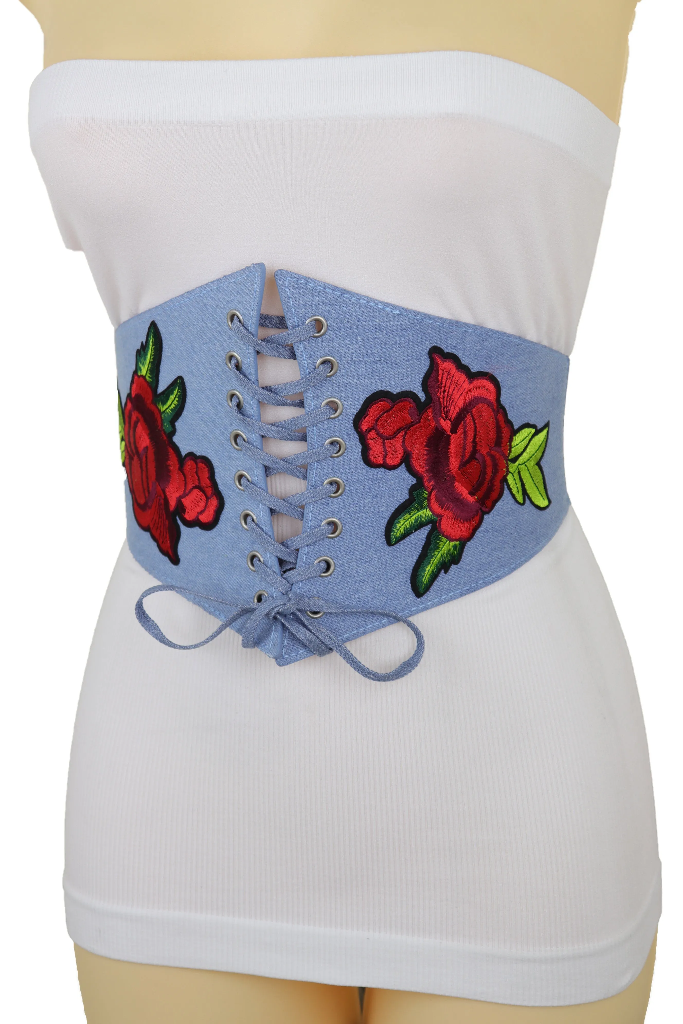 Light Blue Denim High Waist Corset Stretch Belt Red Rose Flowers Size S M