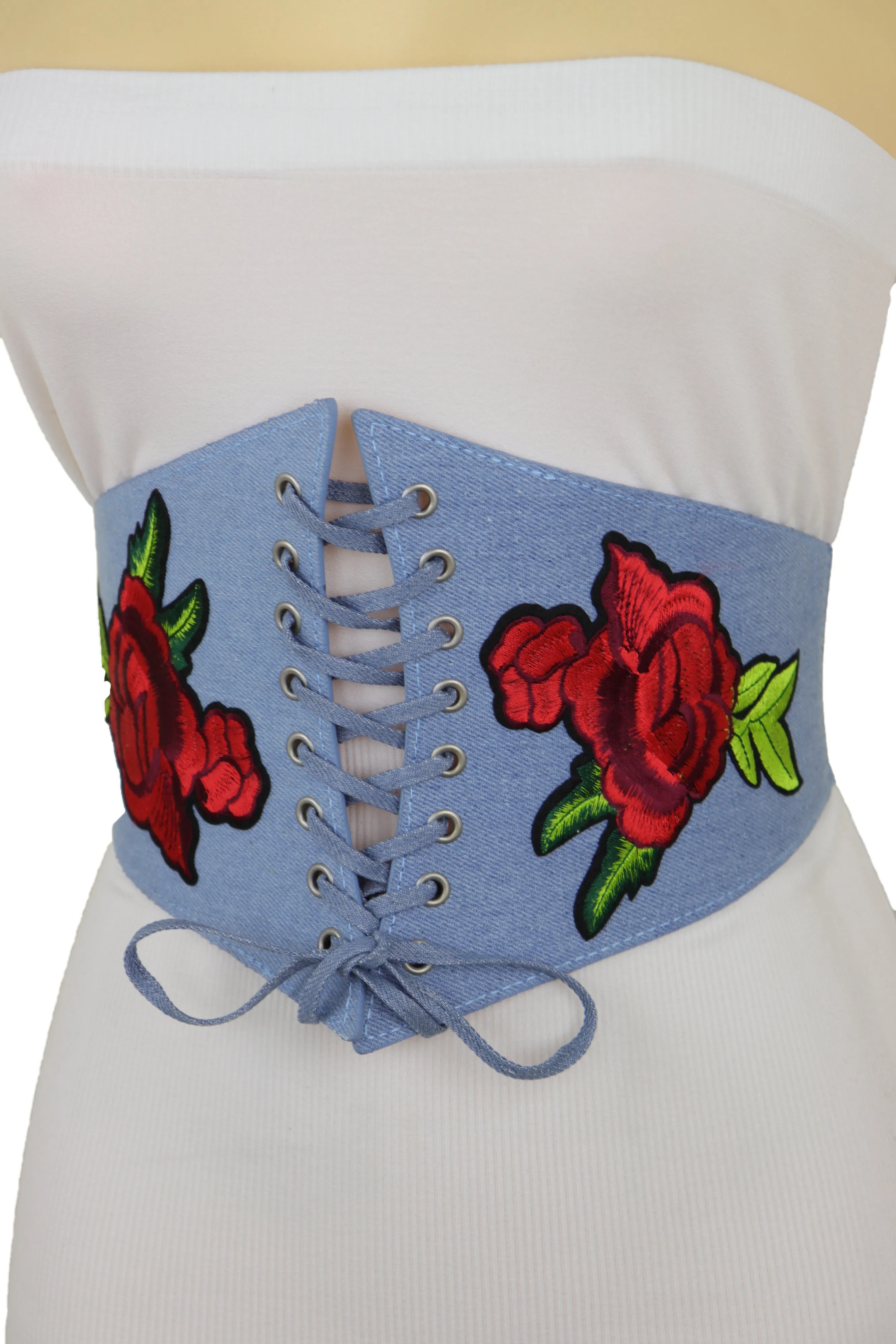 Light Blue Denim High Waist Corset Stretch Belt Red Rose Flowers Size S M