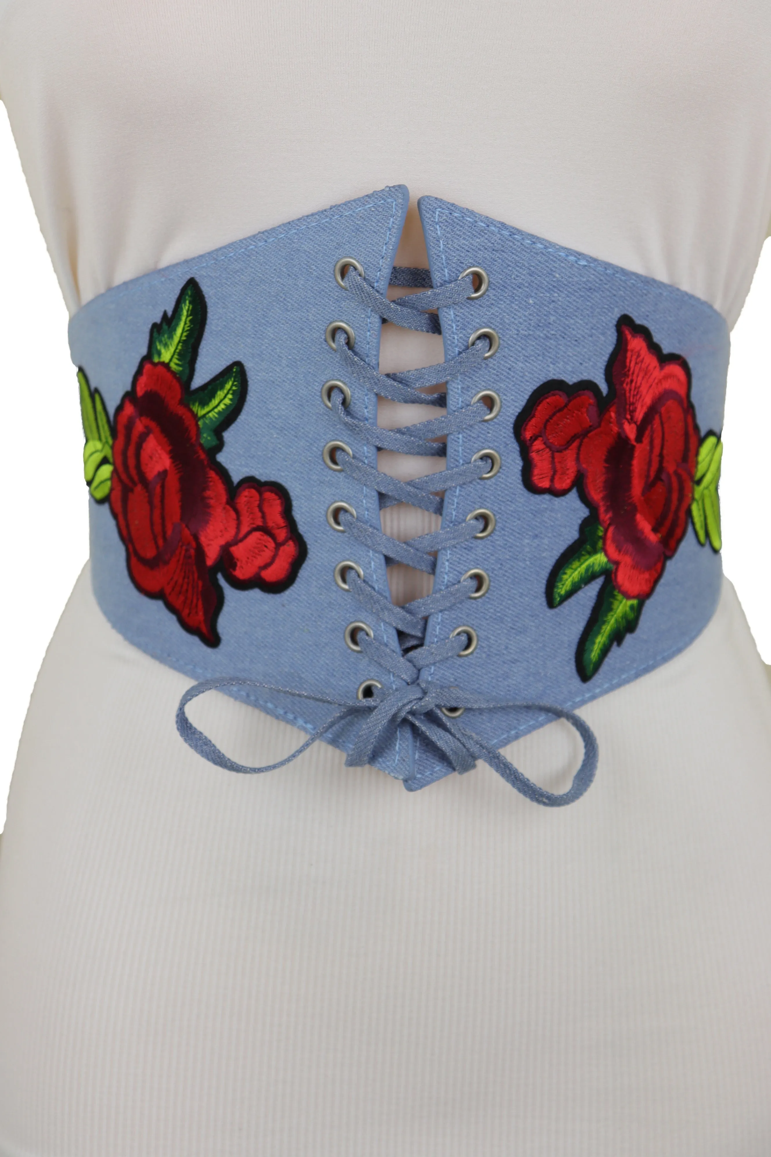 Light Blue Denim High Waist Corset Stretch Belt Red Rose Flowers Size S M