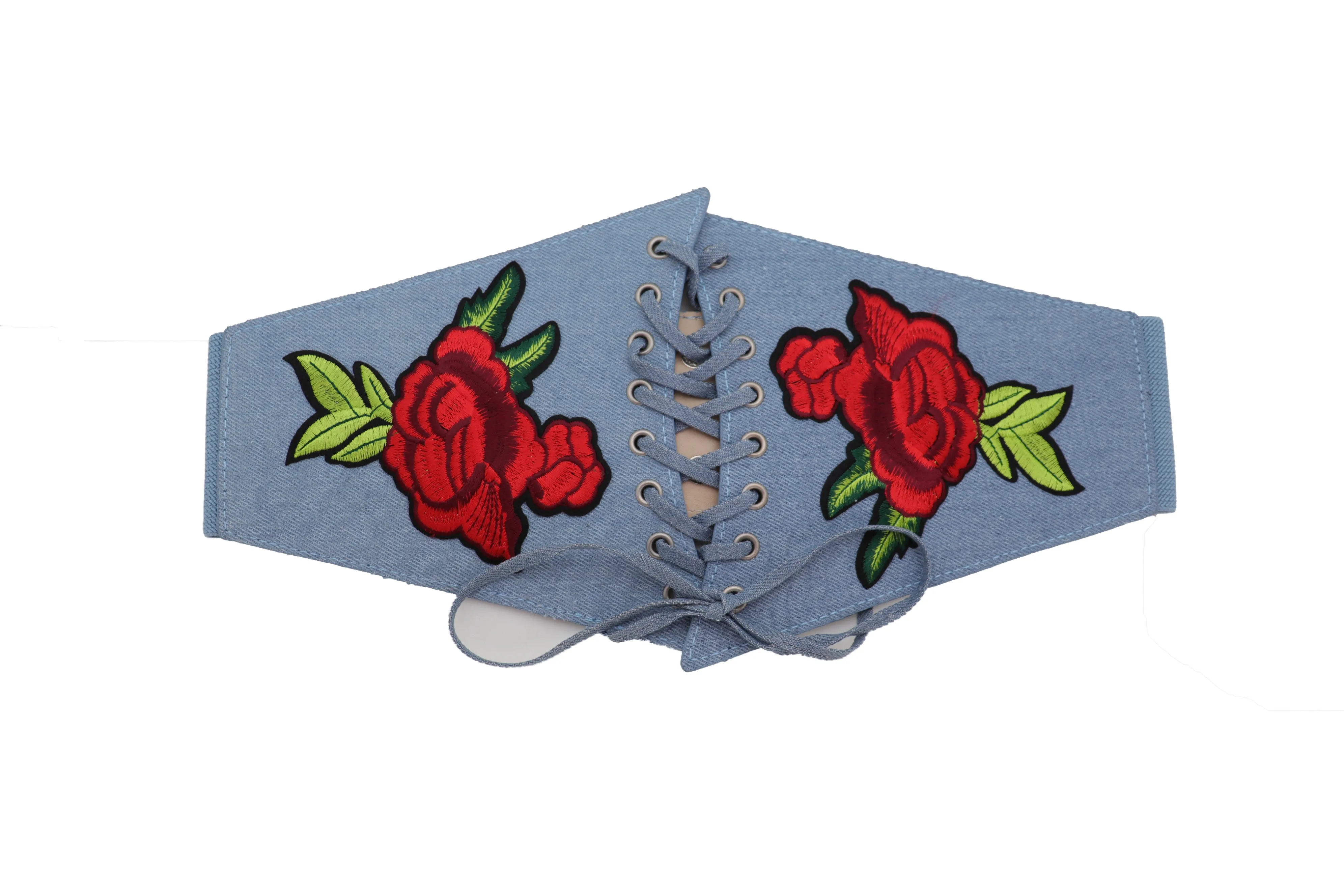 Light Blue Denim High Waist Corset Stretch Belt Red Rose Flowers Size S M