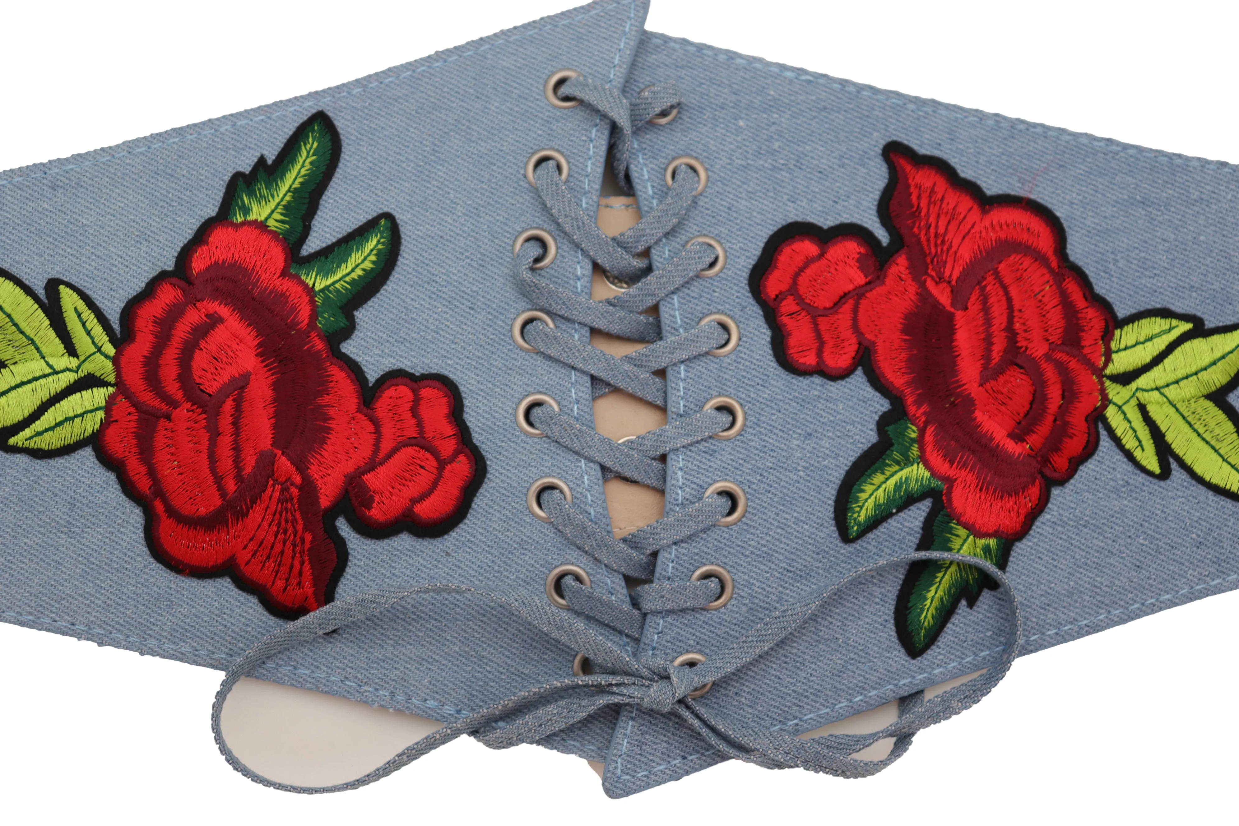 Light Blue Denim High Waist Corset Stretch Belt Red Rose Flowers Size S M