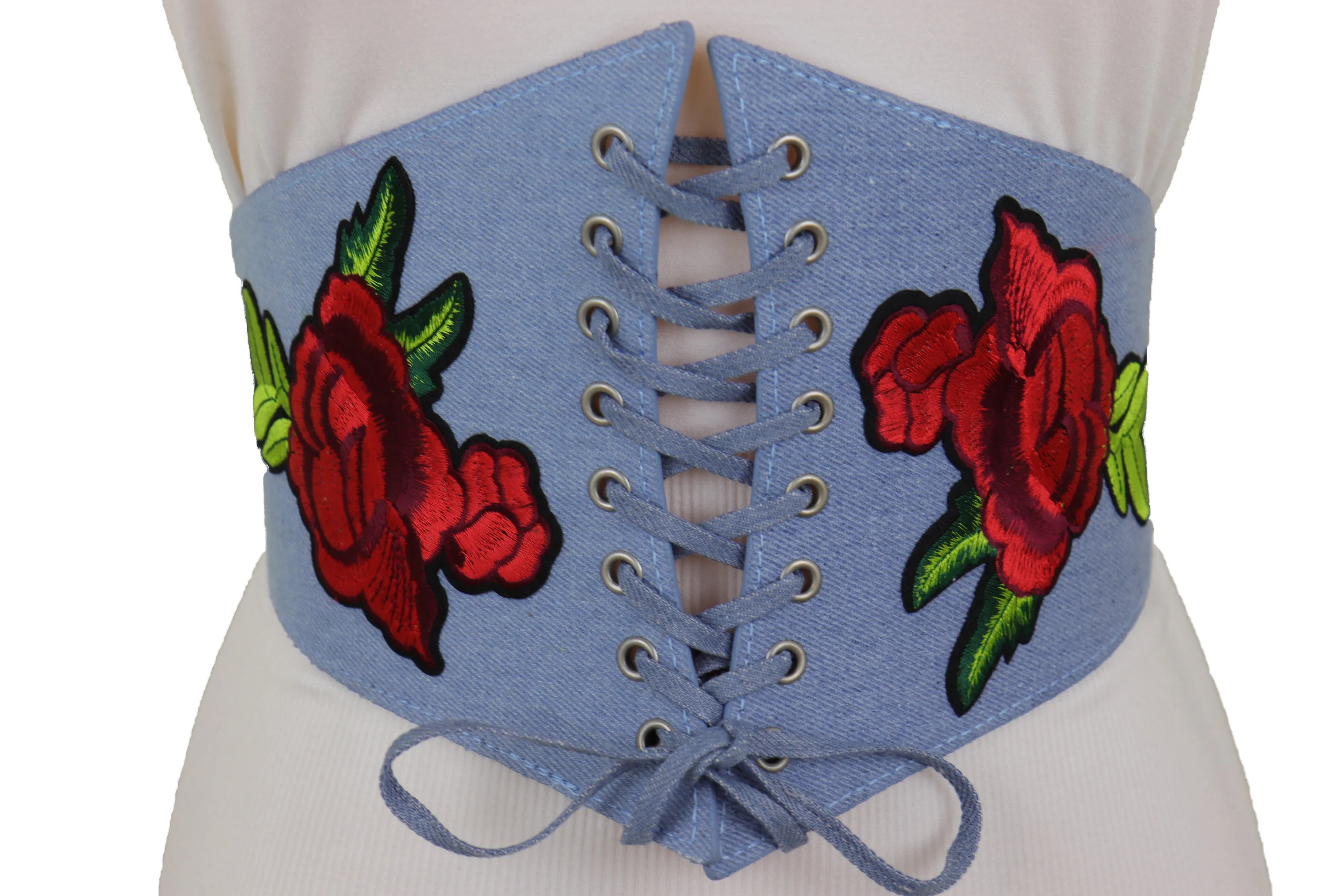 Light Blue Denim High Waist Corset Stretch Belt Red Rose Flowers Size S M