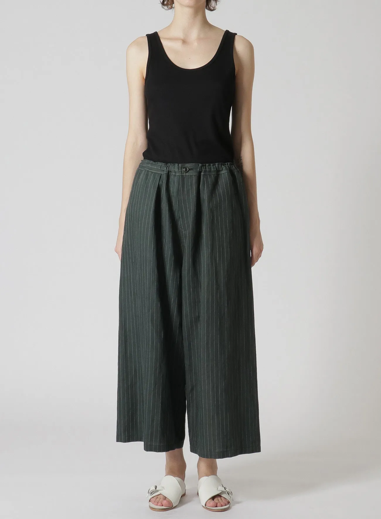 LINEN/COTTON PIN-STRIPED UNEVENLY DYED WIDE LEG PLEATED PANTS